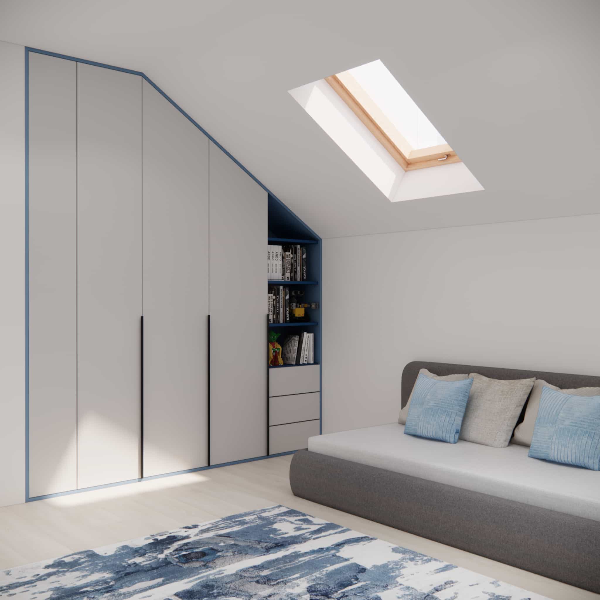 Spacious built-in storage under sloped ceilings in a room for a 12-year-old: wardrobe, shelves, and cabinets