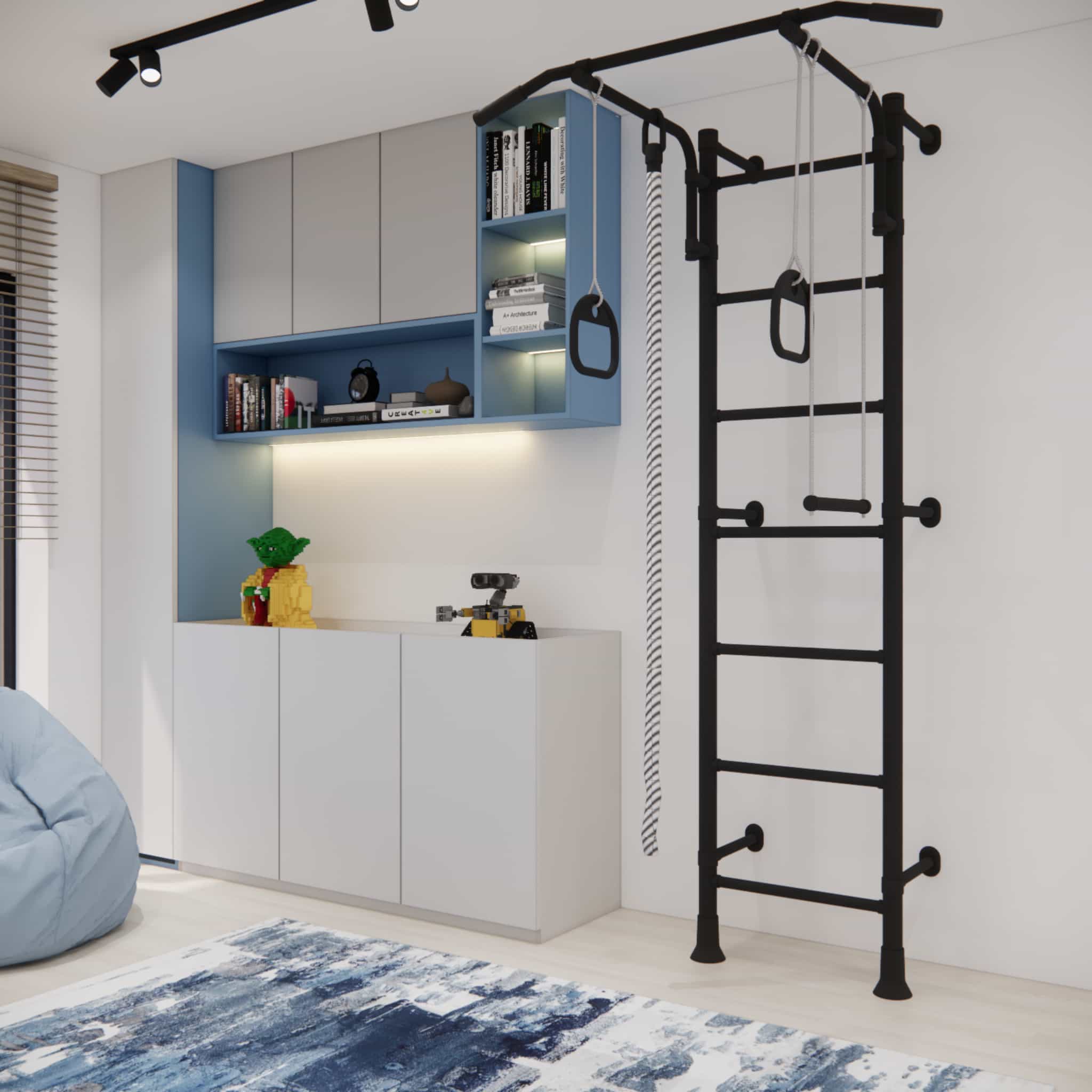 Activity zone: black gym ladder integrated with built-in furniture in a teenager’s room