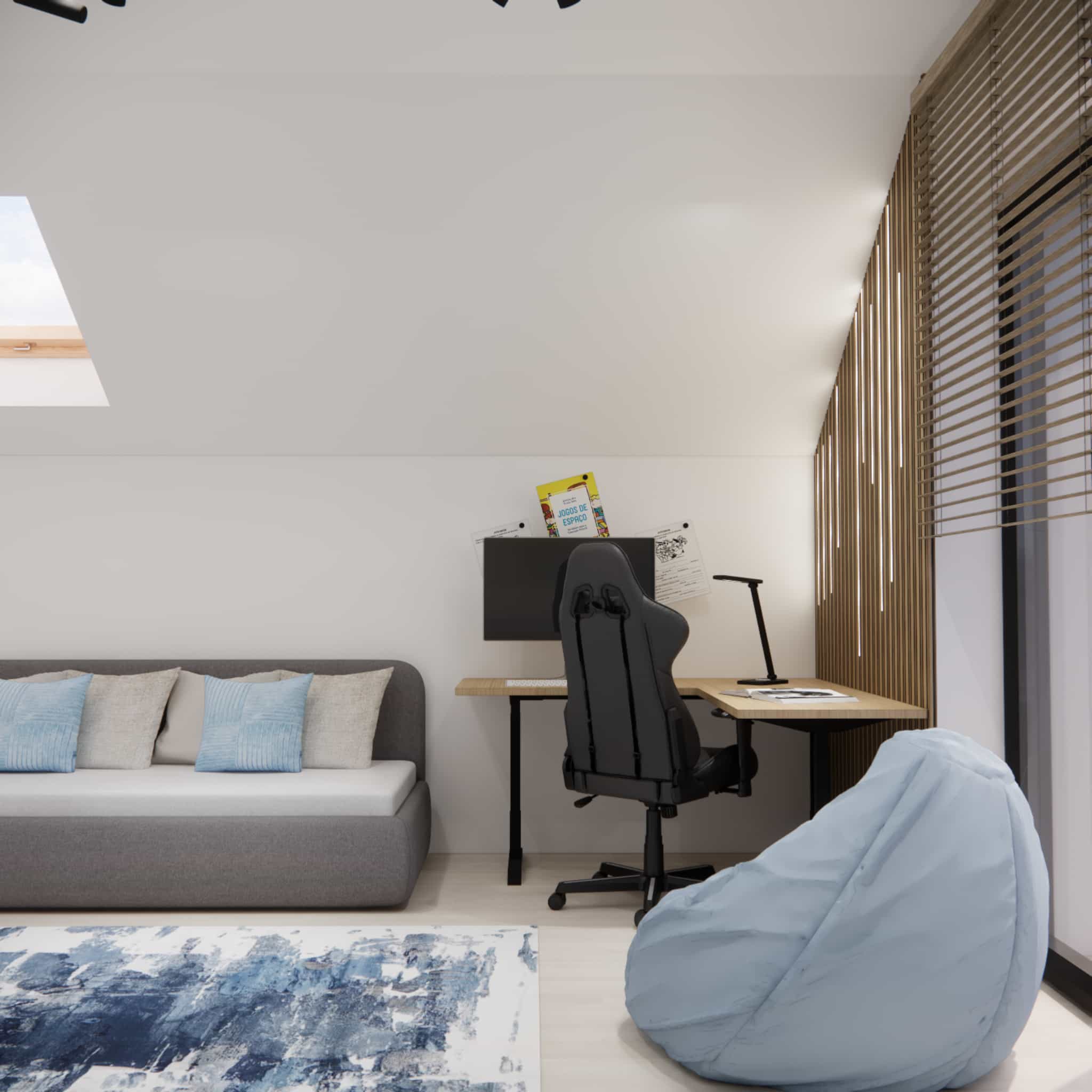Study zone under a sloped ceiling: ergonomic chair and desk with wooden slats and lighting