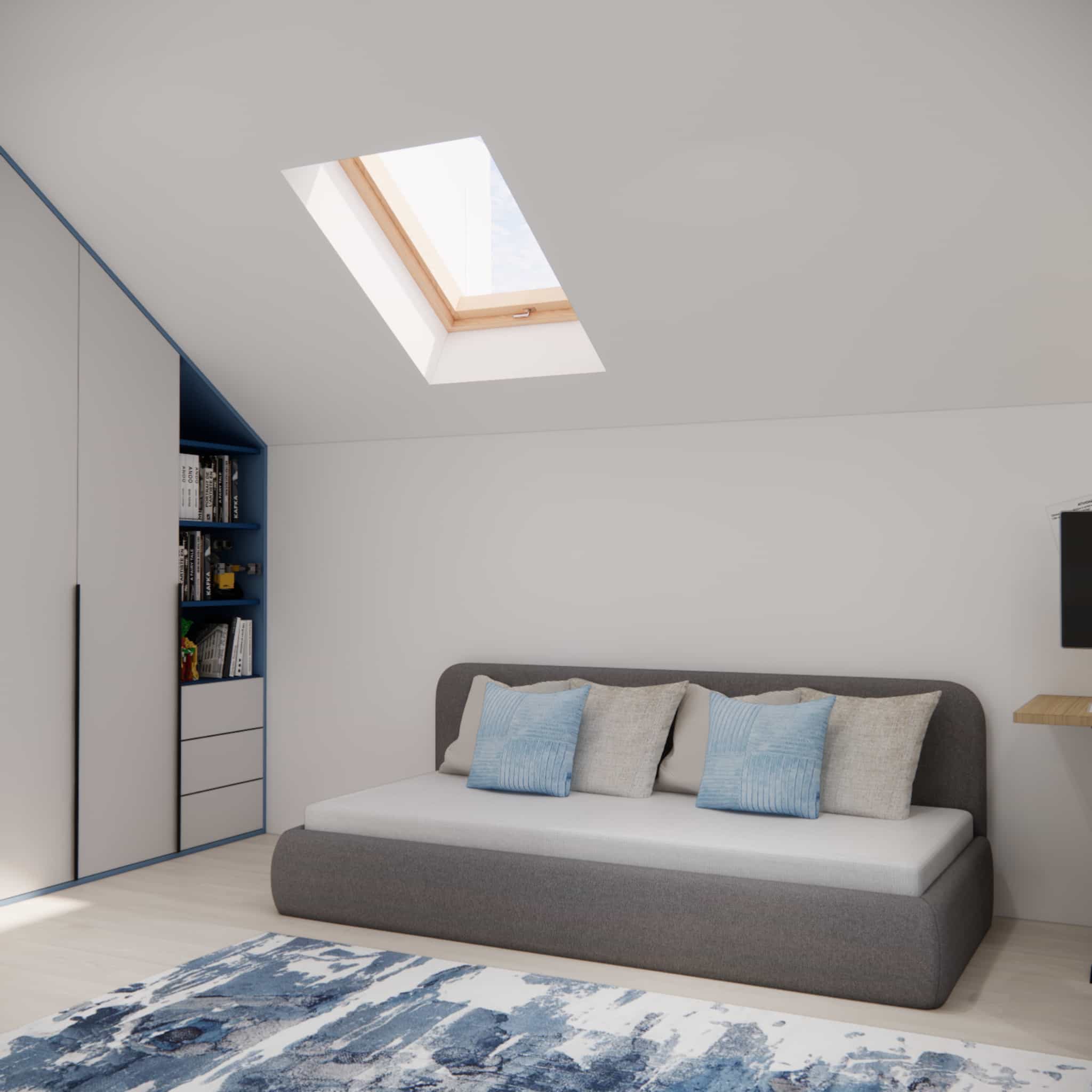 Upholstered sofa and rug under a sloped ceiling: a cozy sleeping zone in a room for a 12-year-old