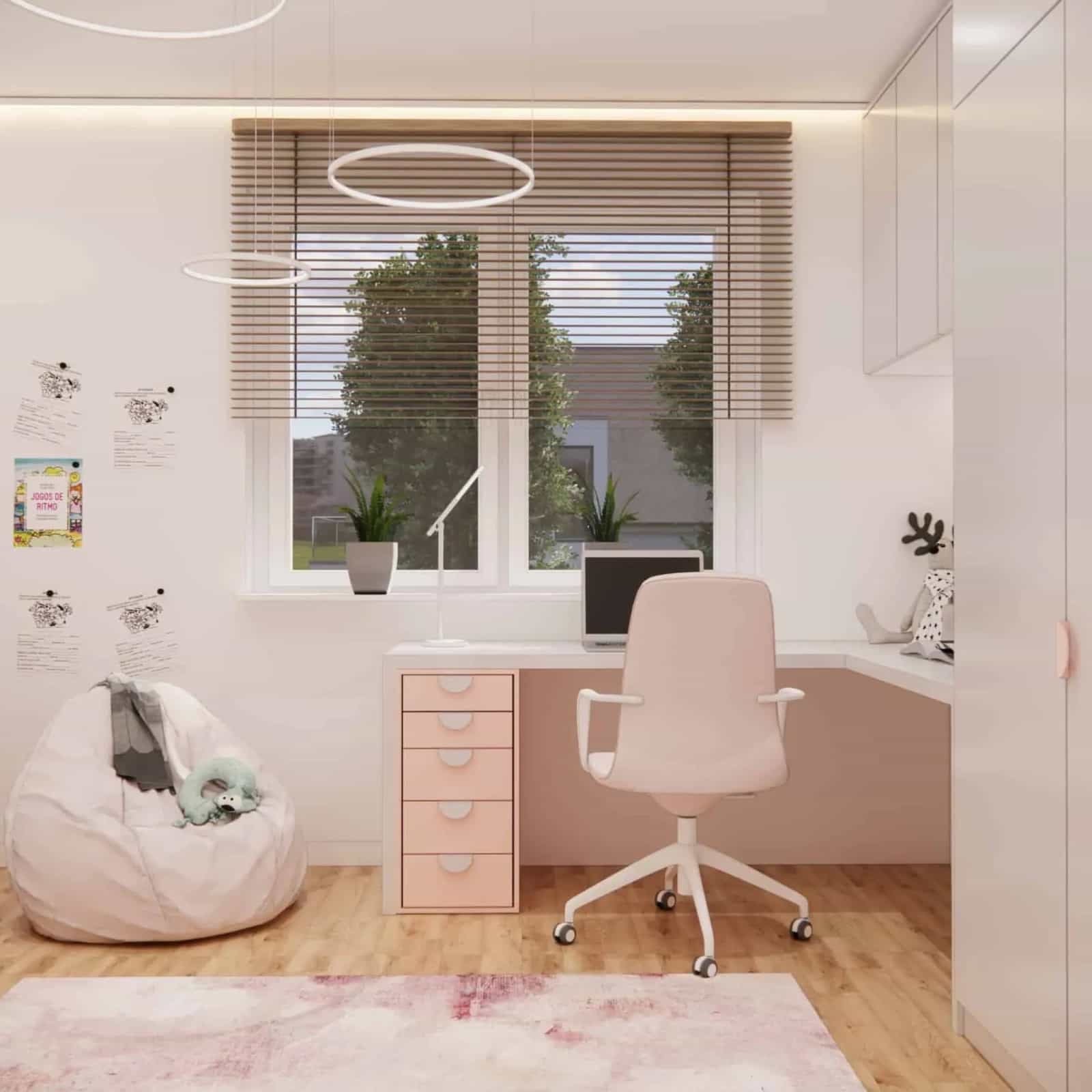 projekt wnętrza pokoju dziecka z biurkiem przy oknie i ergonomiczną strefą nauki