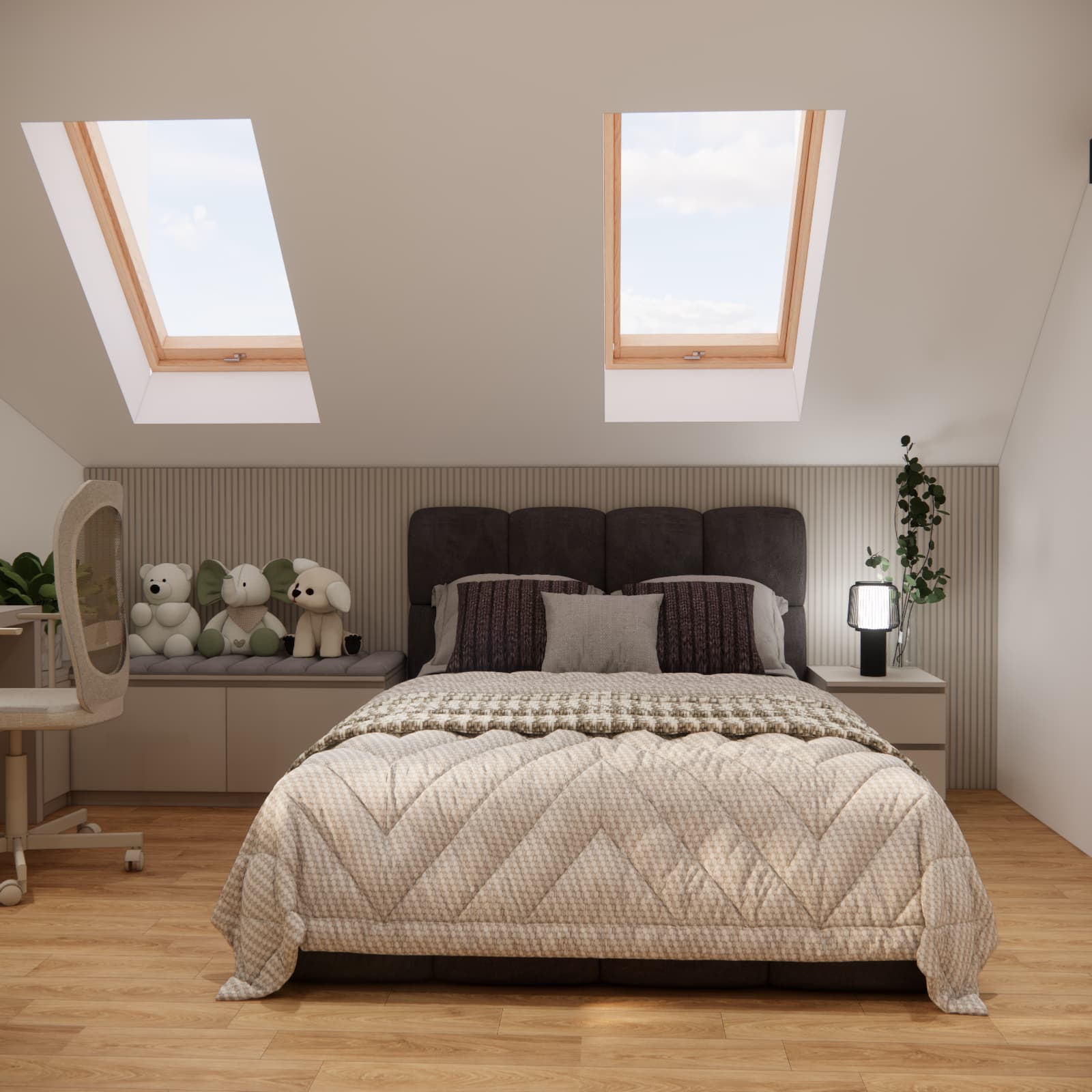 Upholstered bed with a dark headboard beneath two roof windows in a teenage girl’s room
