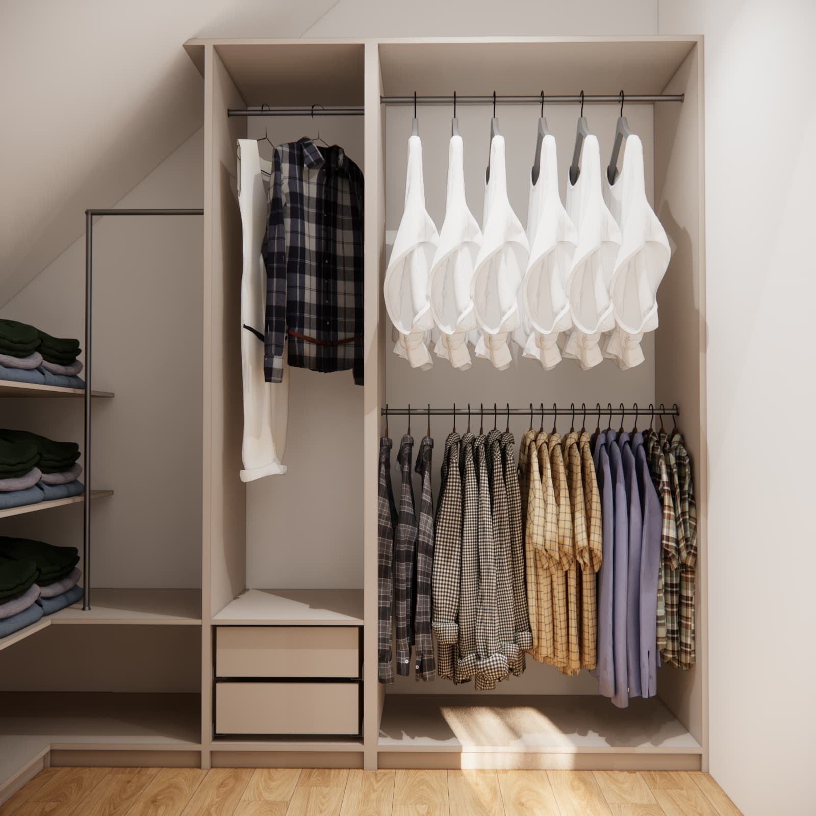 Walk-in wardrobe beneath a sloping ceiling with open shelves, drawers and clothes rails