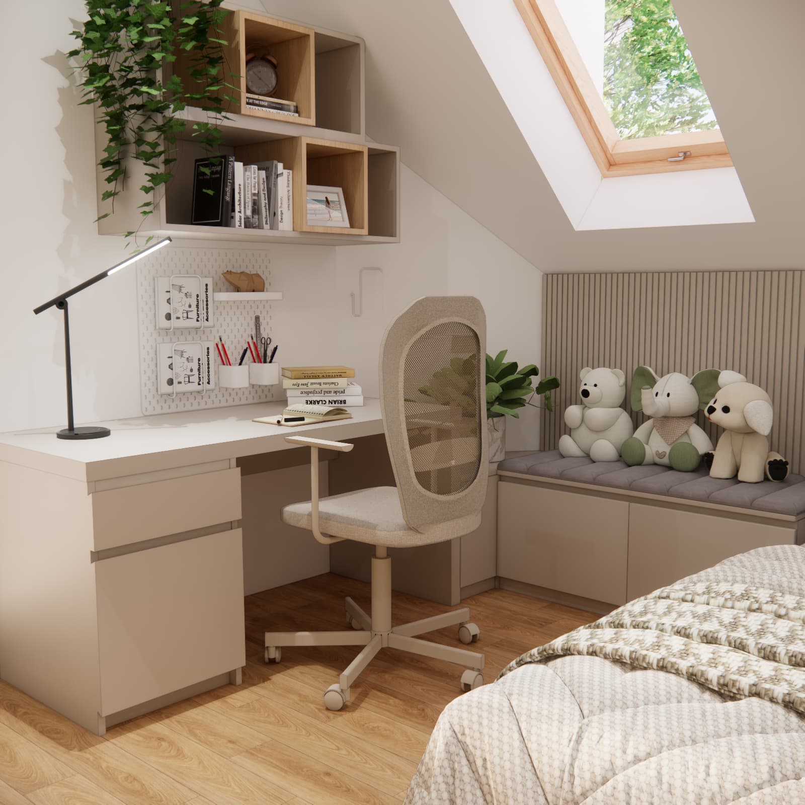 Zuzia’s light-coloured desk with drawers, an adjustable chair, a lamp and shelves above the worktop
