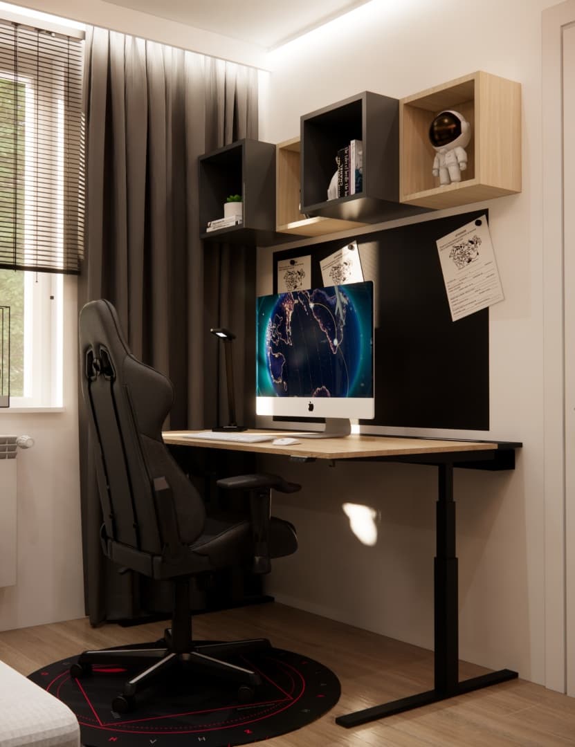 Gaming desk with black chair, cube shelves and magnetic board in a modern teenage room.