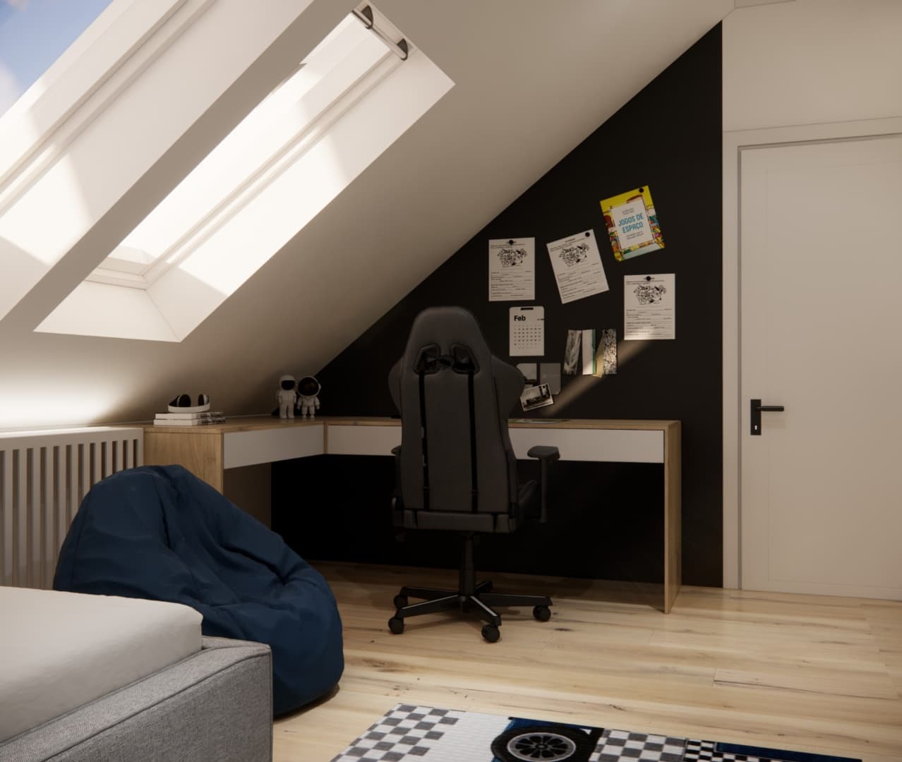 Study corner under a sloped ceiling with a desk and a Formula 1 inspired chair