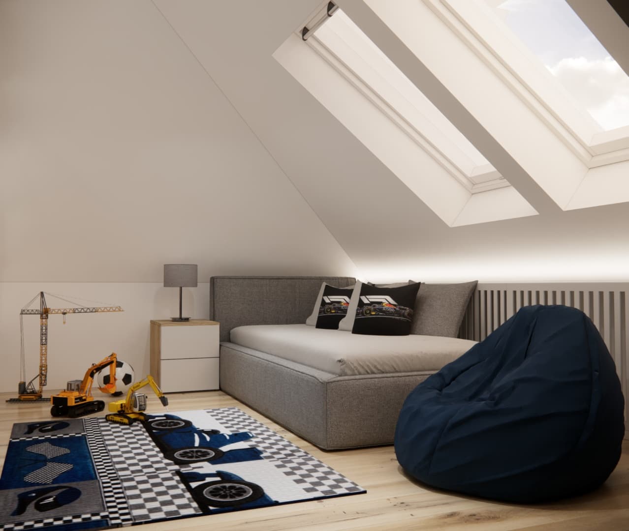 Room of a 6-year-old with a bed and a racing track rug in a bright colour scheme