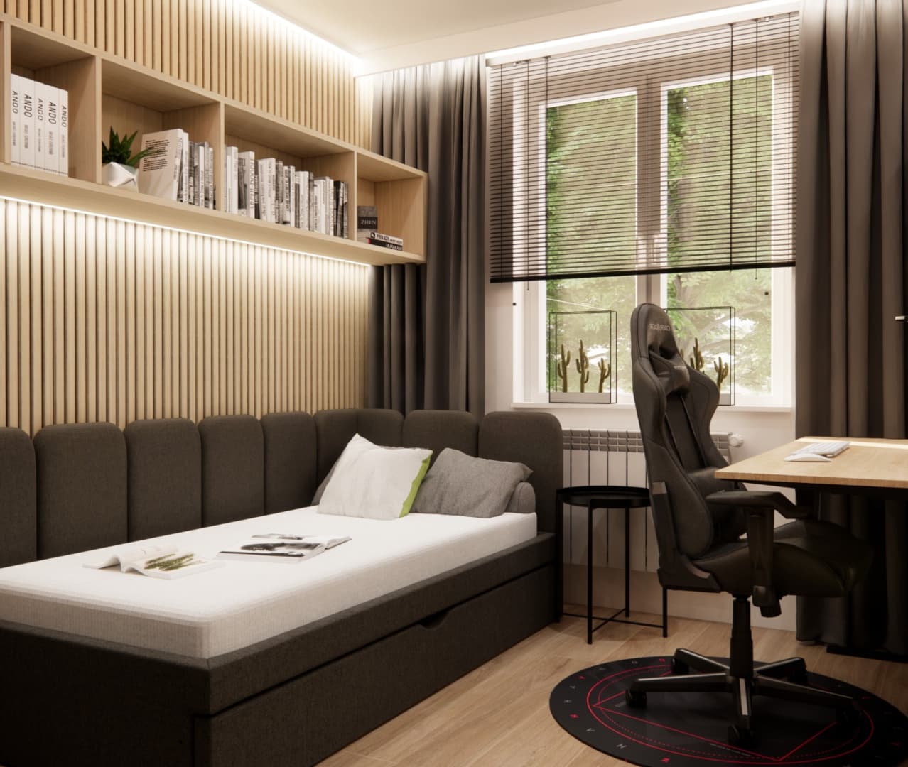 Bed with upholstered headboard panels and slatted wall, highlighted with LED in a modern teenage room.