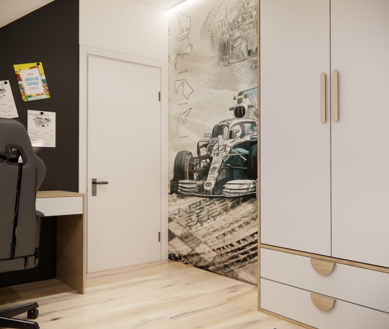 Formula 1 racing car wall graphic in a boy’s room
