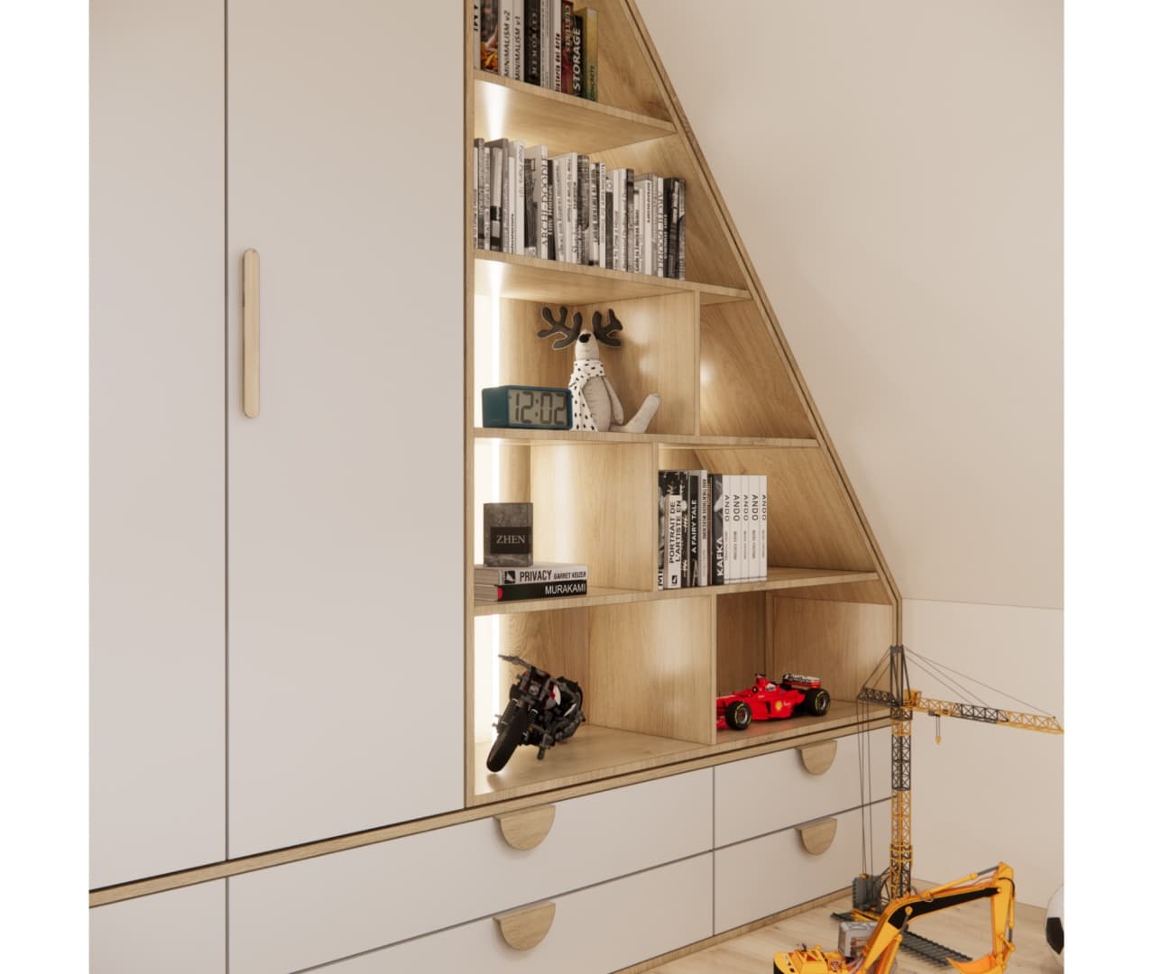 Shelving with books and model cars in a child’s room