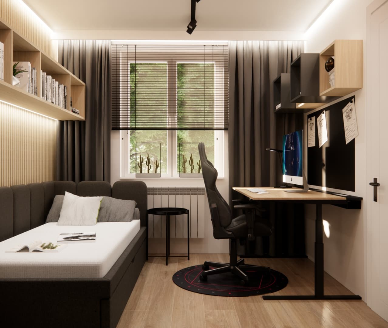 Desk and bed area in a 9 m2 teenage room with curtains, blinds and bright LED lighting.