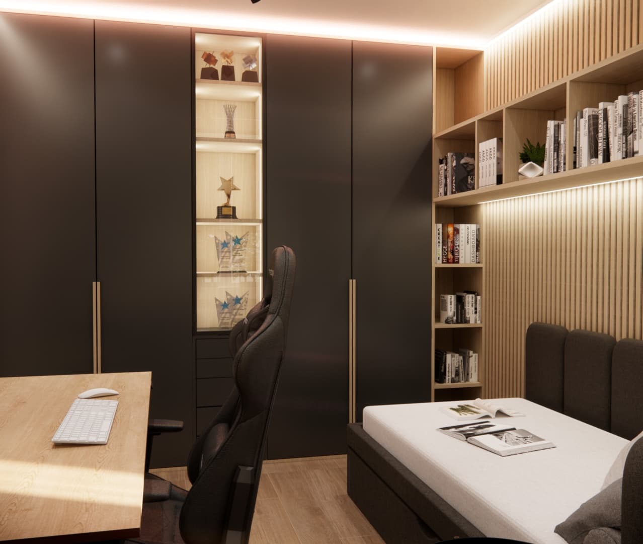 Built-in wardrobe with illuminated display cabinet for sports trophies in an elegant custom design.