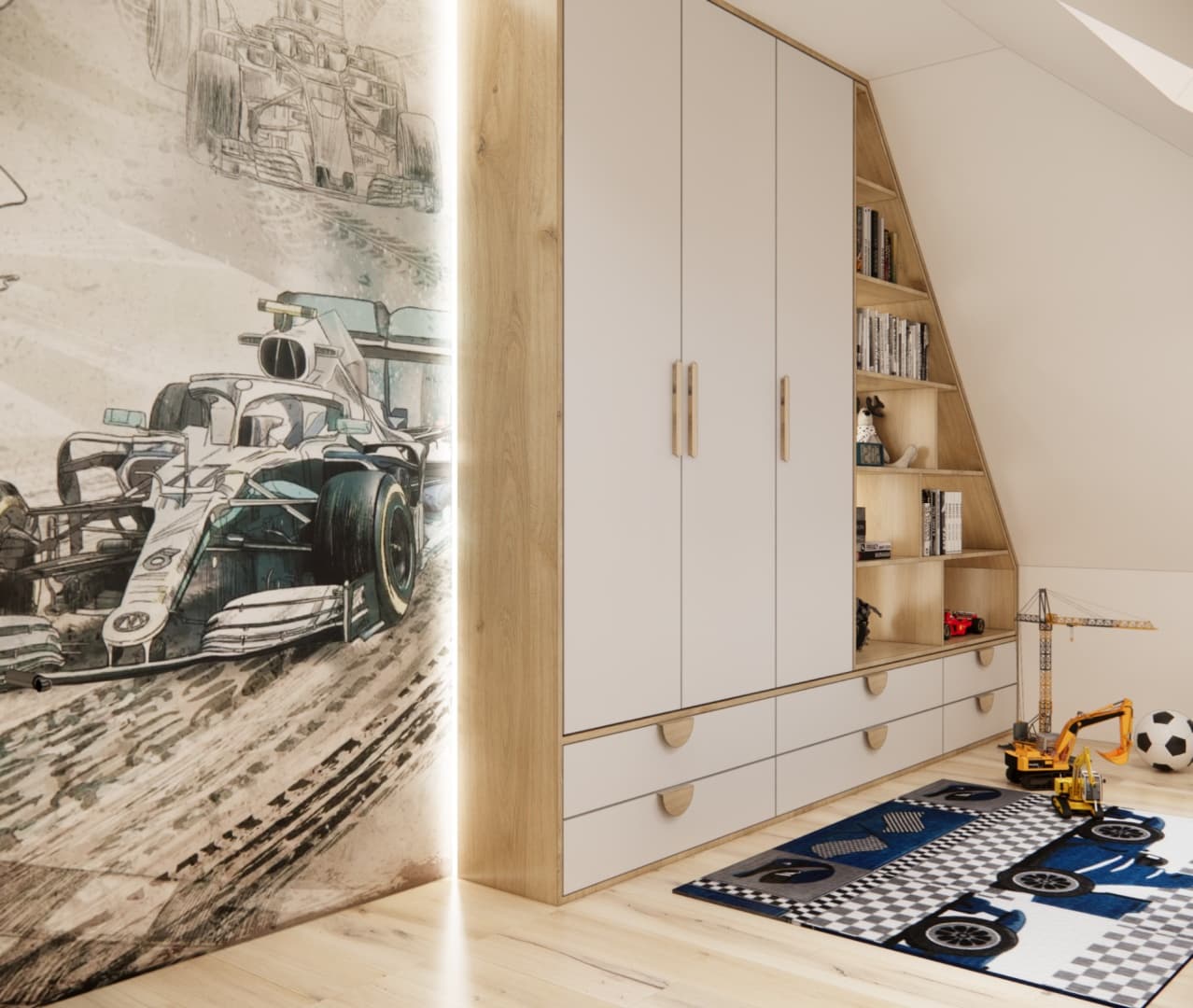 Custom-built wardrobe and shelving under the sloped ceiling in a boy’s room