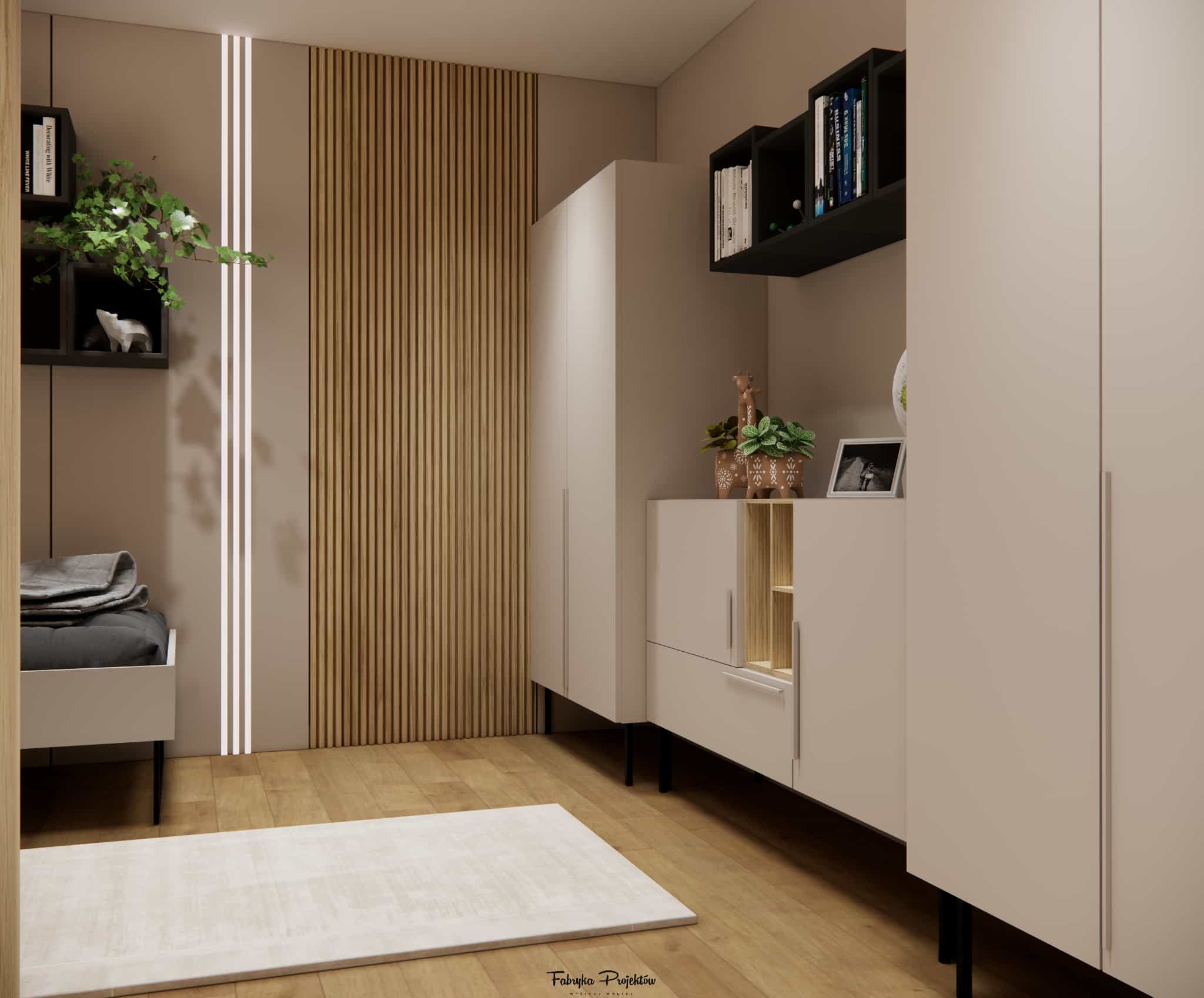 Interior arrangement of a 19.5m2 room for two sisters – wall with wooden slats and vertical LED lines, modern beige and cashmere furniture, and black book shelves