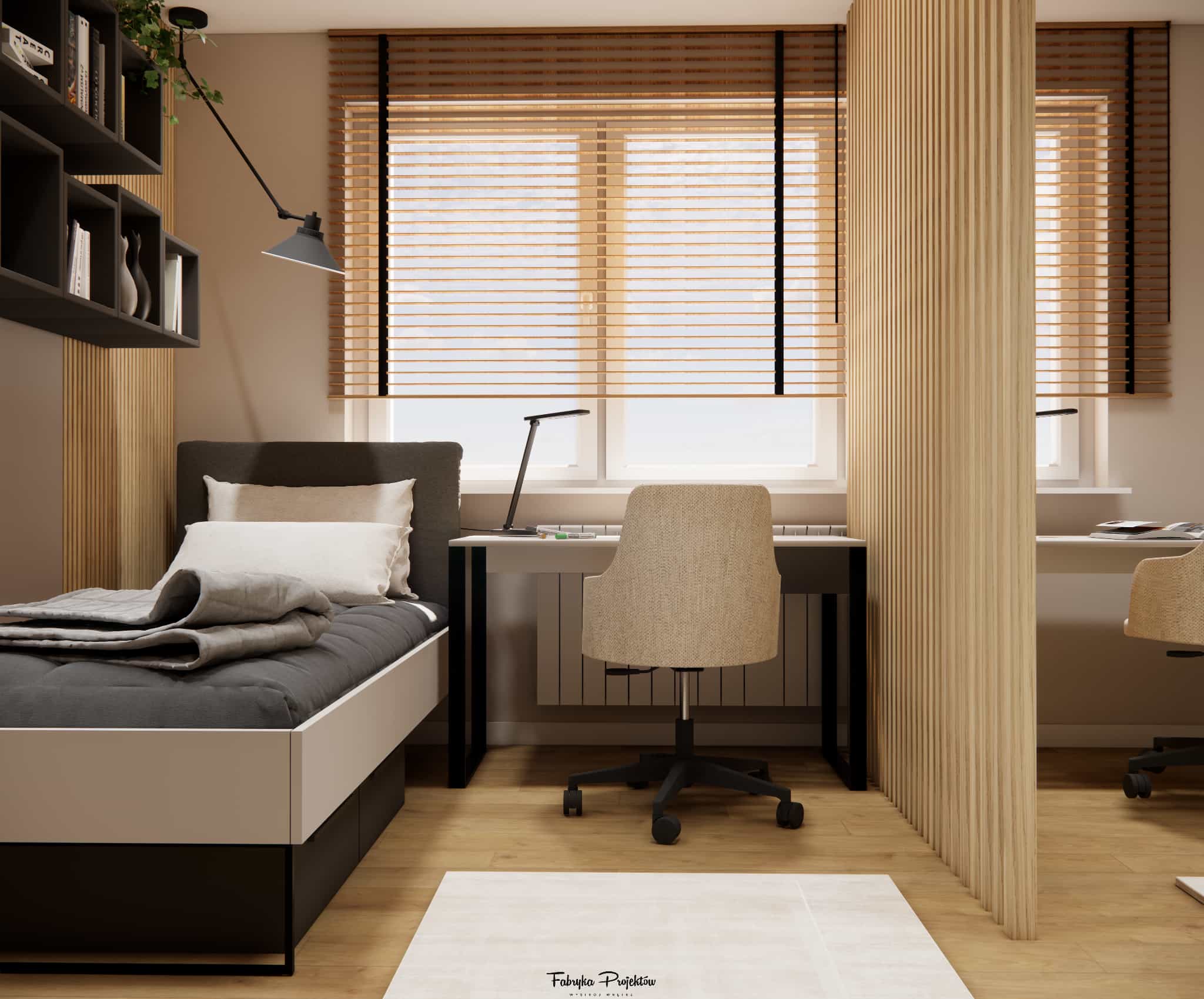 Interior design of a 19.5m2 room for two sisters – two desks by the windows, slatted room divider, and cohesive beige and cashmere color palette with black accents