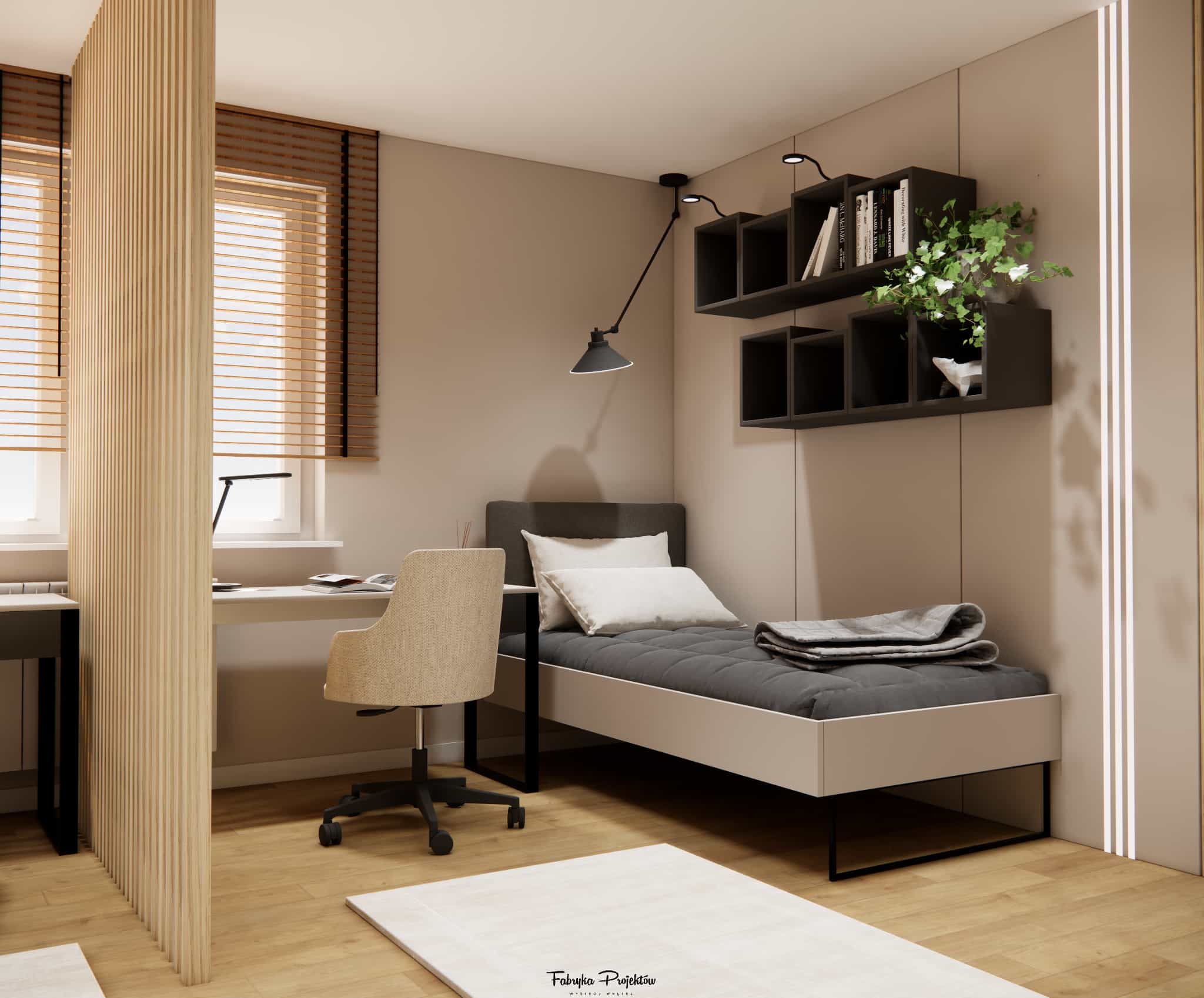 Room for sisters aged 12 and 15 – slatted space division, study desk, bed in the relaxation zone, black shelves, and decorative vertical LED lighting