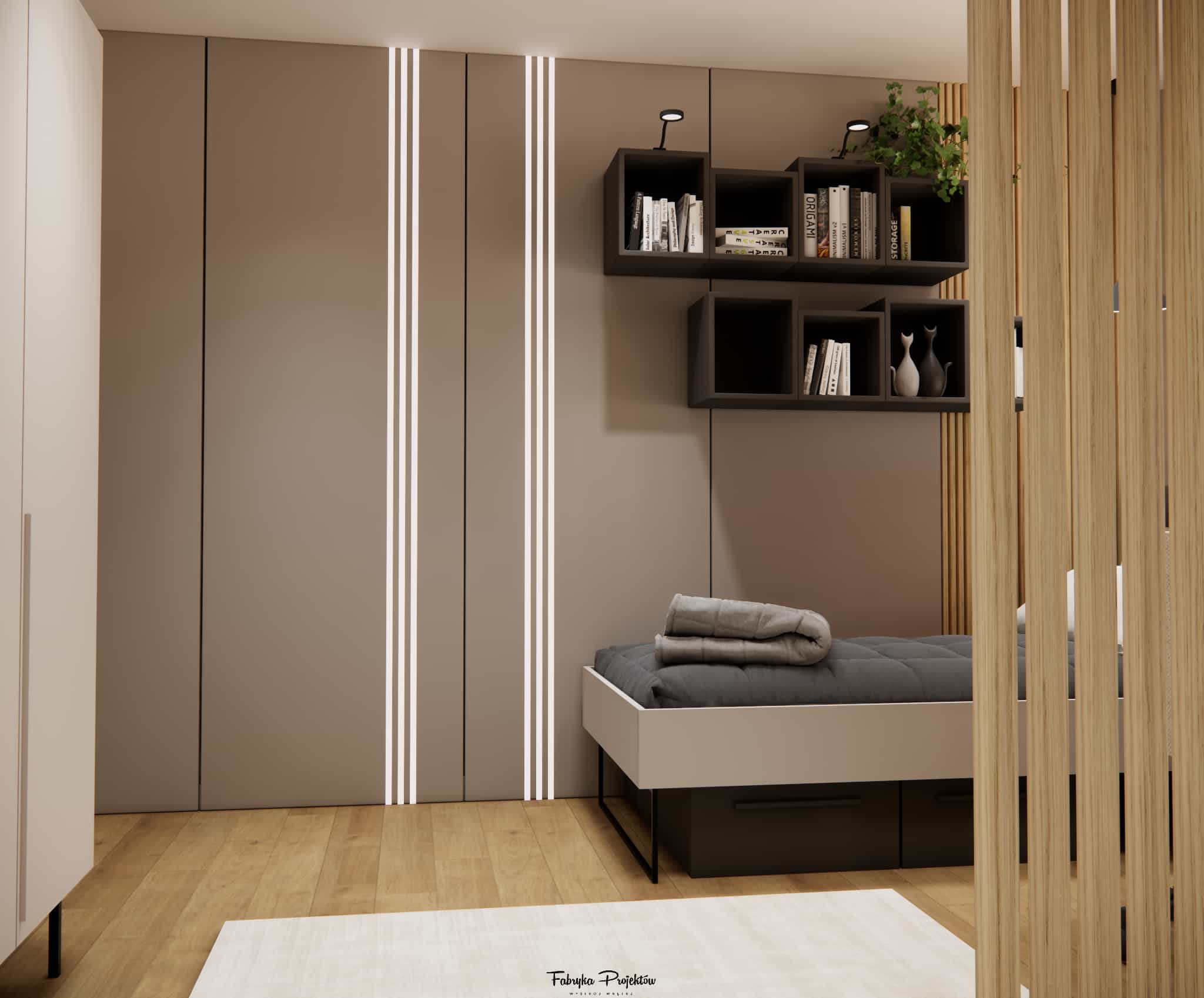 Teenage bedroom for two sisters aged 12 and 15 – beige wardrobe with vertical LED lines, bed, black book shelves, and slatted room divider