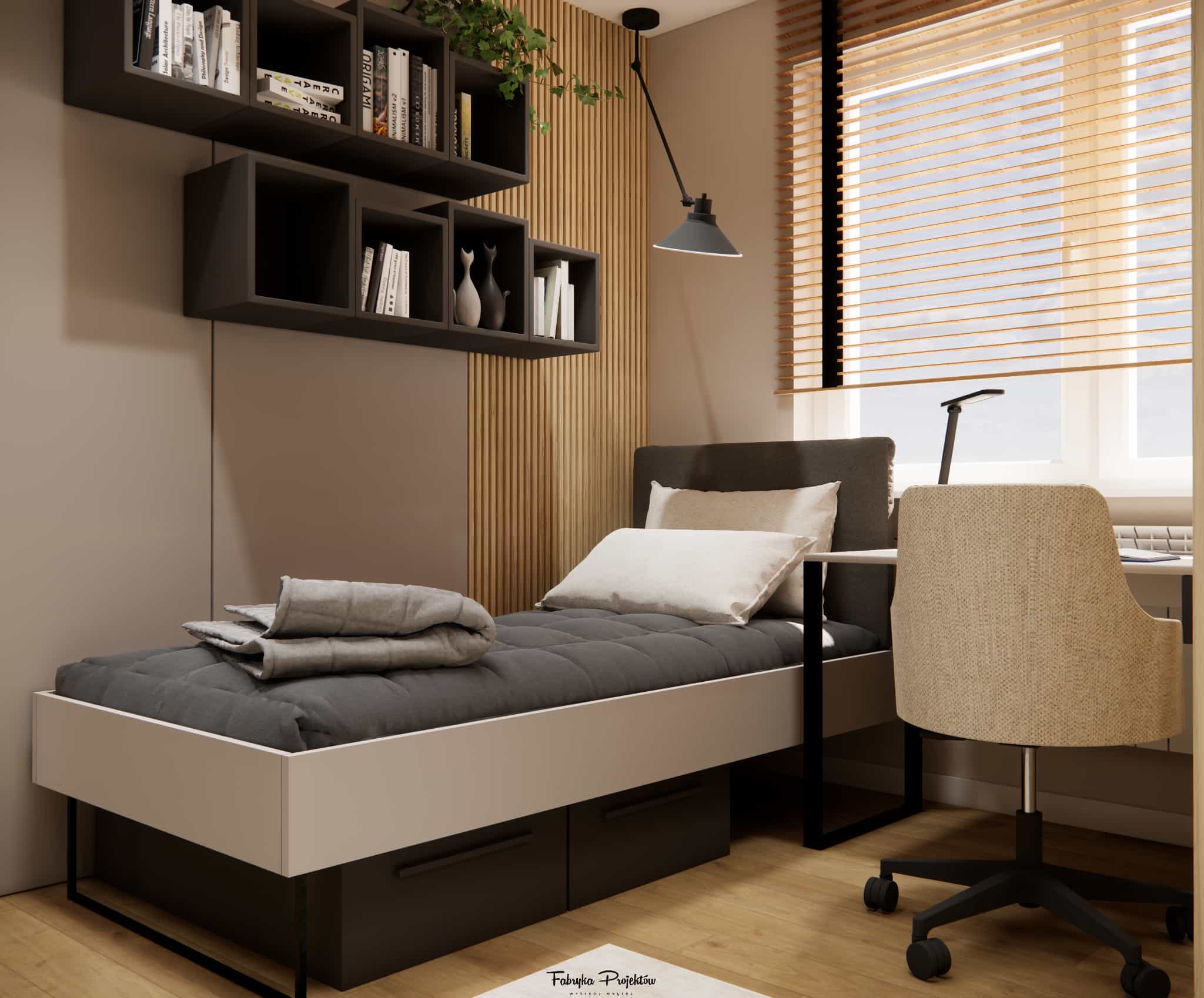 Interior design for sisters’ room – bed with upholstered headboard, desk by the window, black book shelves, wooden blinds, and warm beige and cashmere tones