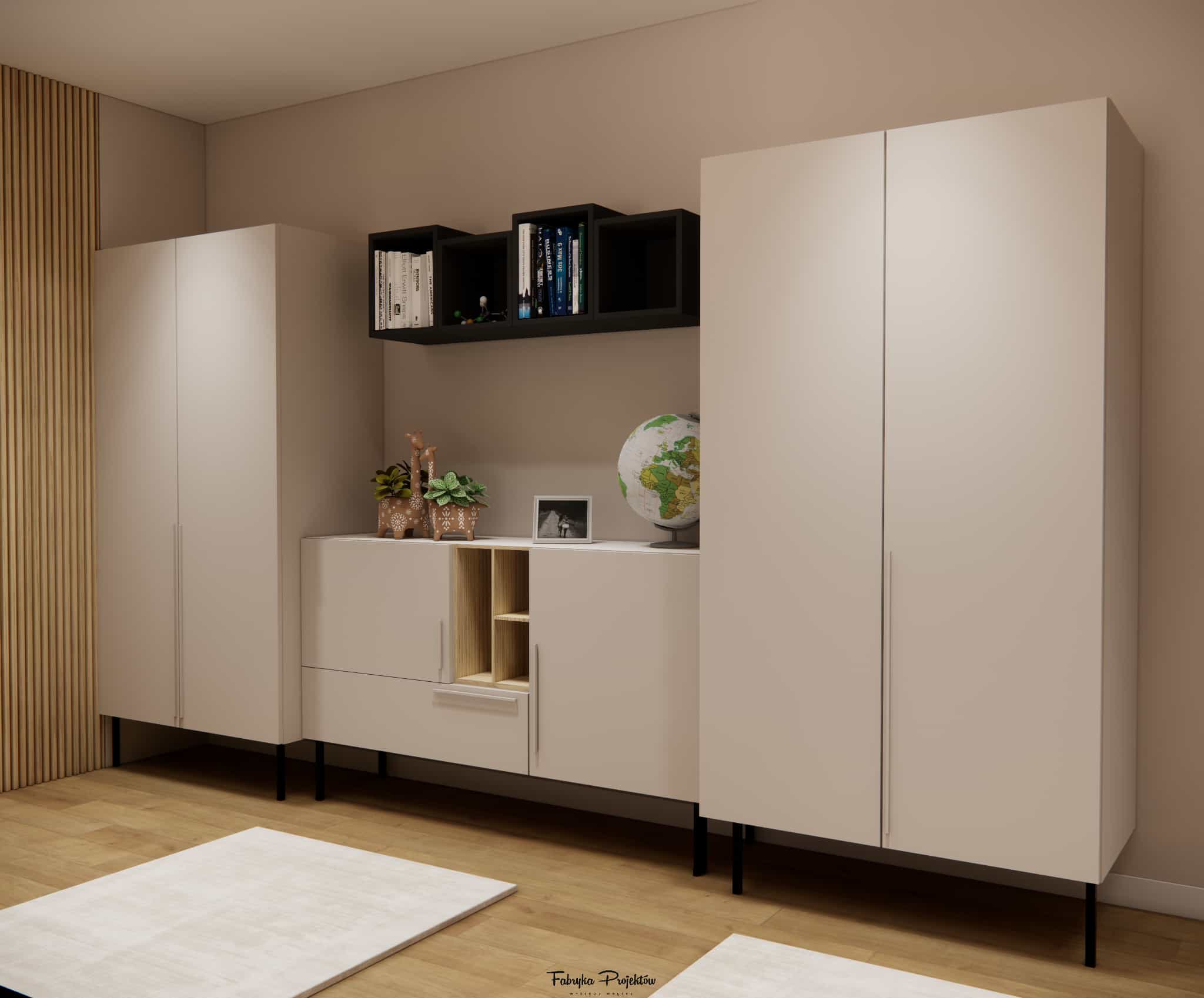 Teenage bedroom project for sisters – cashmere-colored wardrobes and cabinet on slim legs, black shelf for books and decorations, and light wooden flooring