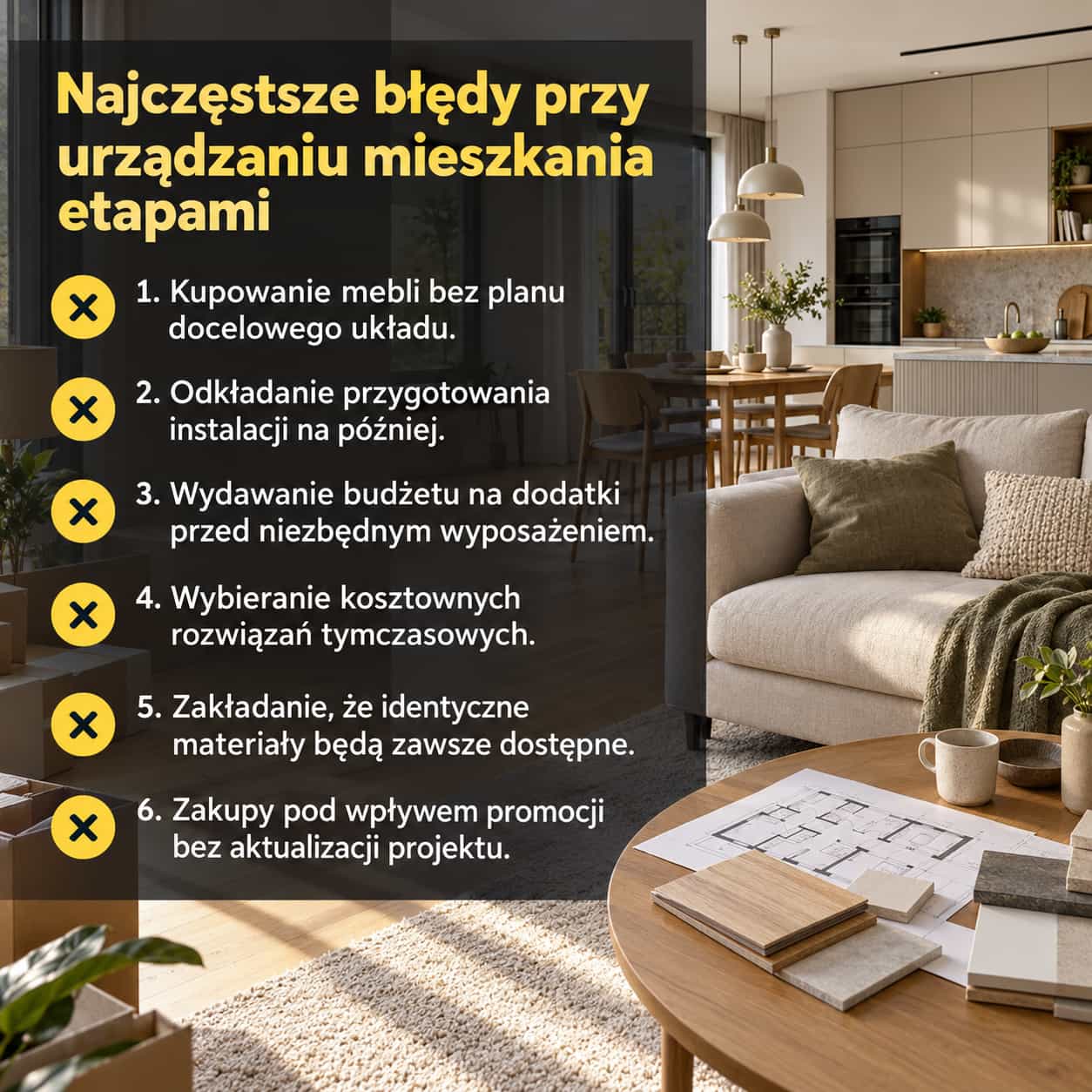 Lista sześciu najczęstszych błędów przy urządzaniu mieszkania etapami na tle jasnego salonu z kuchnią i próbkami materiałów na stoliku.