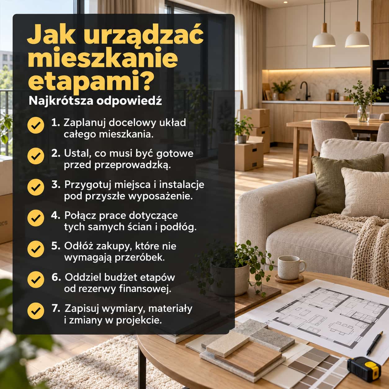 Checklista urządzania mieszkania etapami na tle jasnego salonu z kuchnią, z planem wnętrza i próbkami materiałów na stoliku.