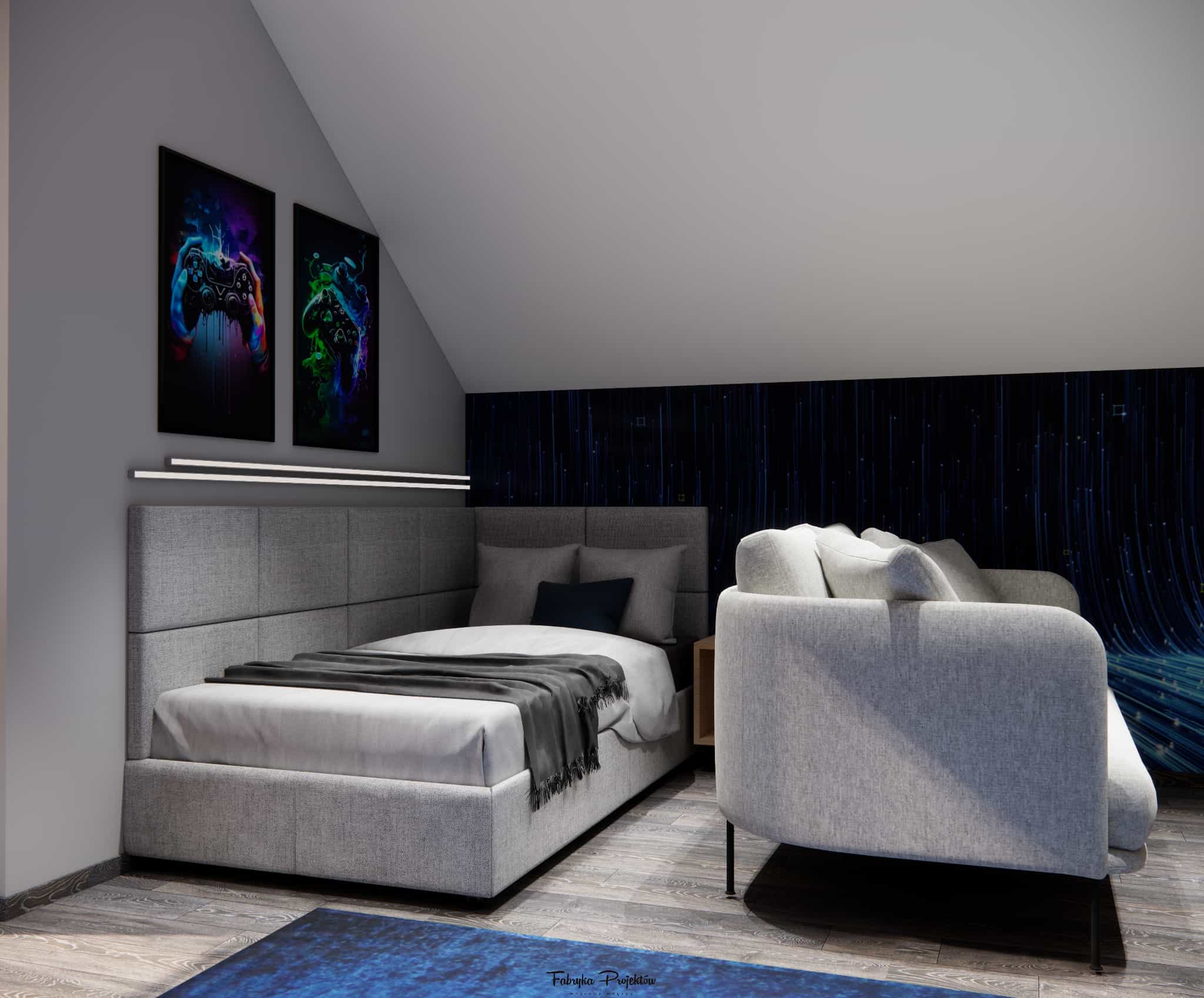 Children’s room in an attic with a sloped ceiling – upholstered bed and gaming accents in a 17.5m2 interior design