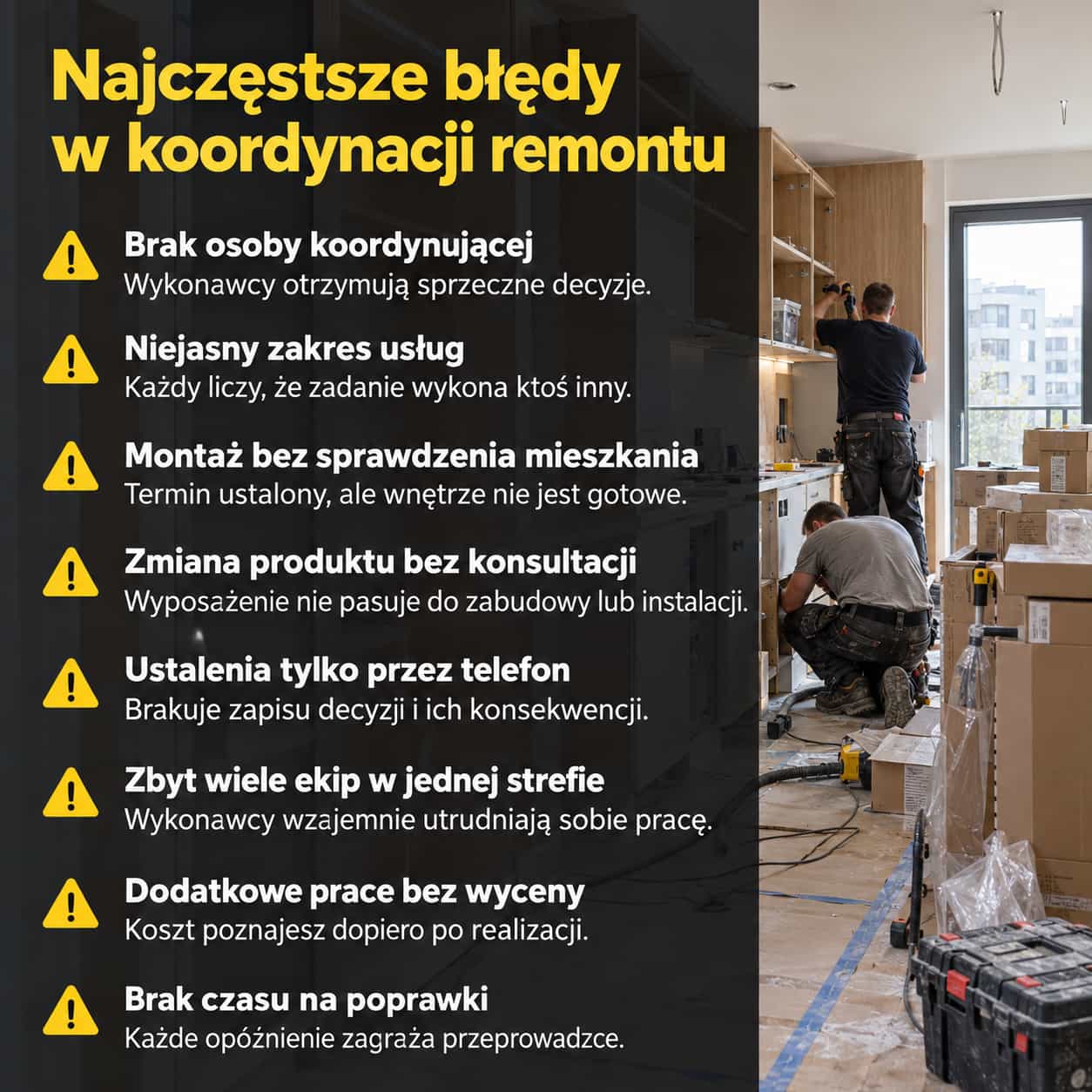 Najczęstsze błędy w koordynacji remontu – lista ośmiu problemów na tle montażu kuchni.