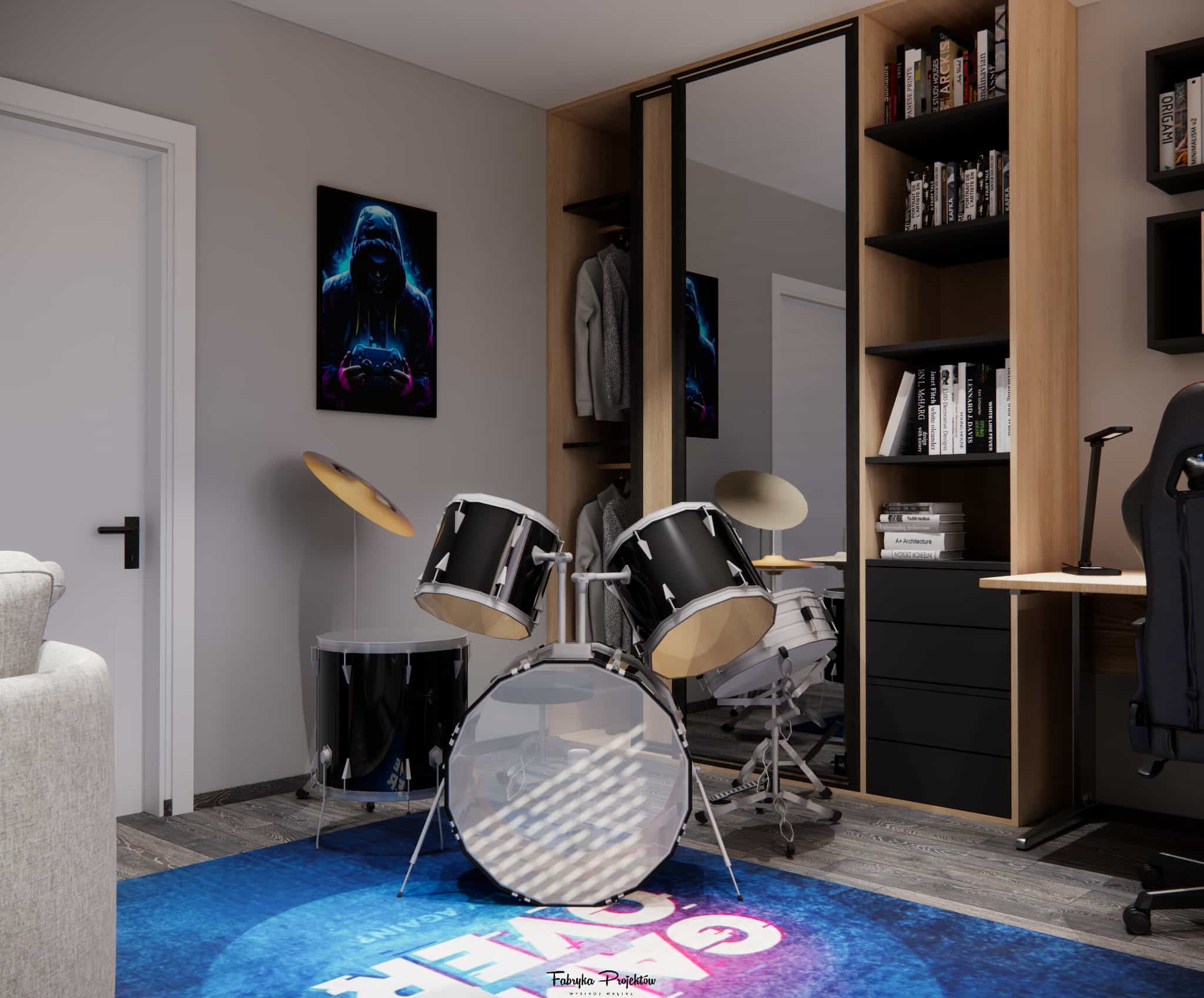 Kids’ room design 17.5m2 – music zone with drum set, custom-built furniture, and study desk