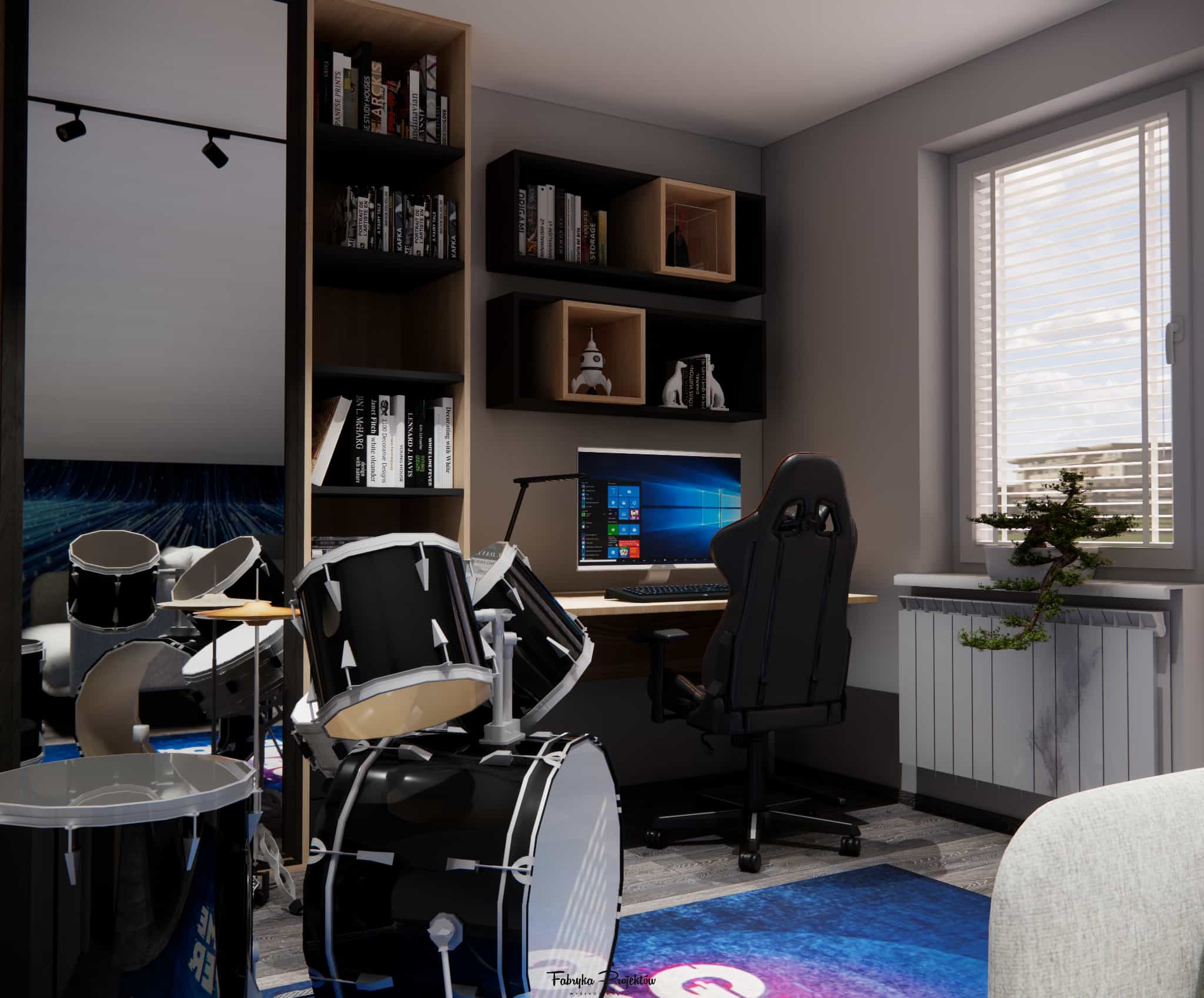 Boy’s room for a 9-year-old – ergonomic study zone with desk and wall units in white, black, and wood tones