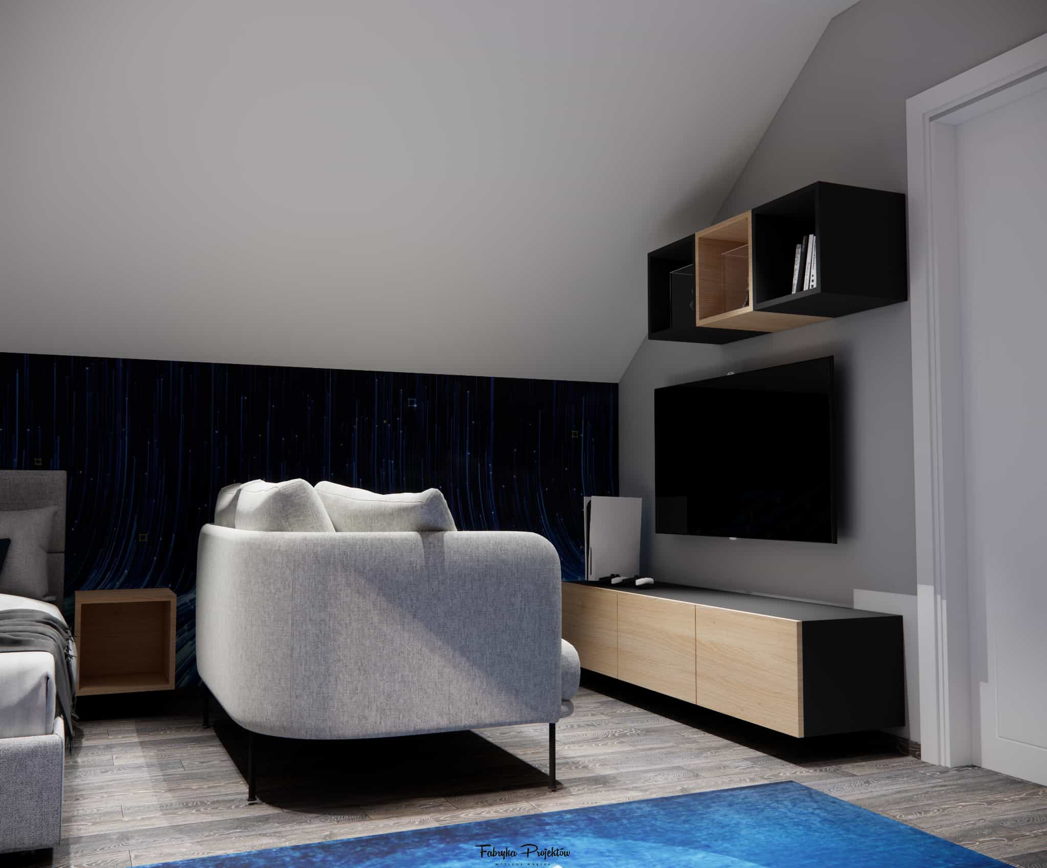 Boy’s room for a 9-year-old – relaxation zone with sofa and TV unit in a 17.5m2 attic interior
