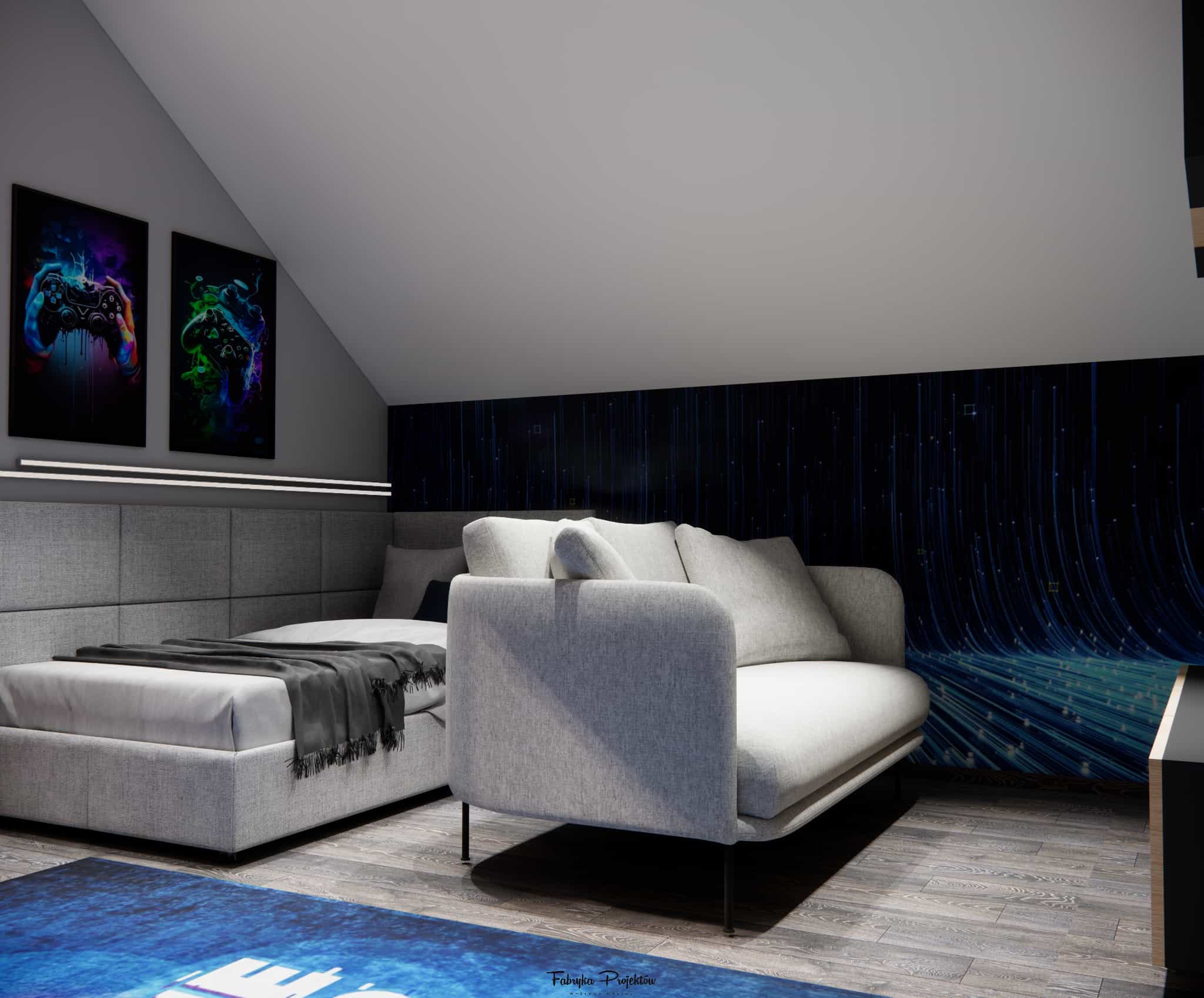 Boy’s room for a 9-year-old in an attic – sleeping zone with upholstered bed and sofa in a 17.5m2 interior design