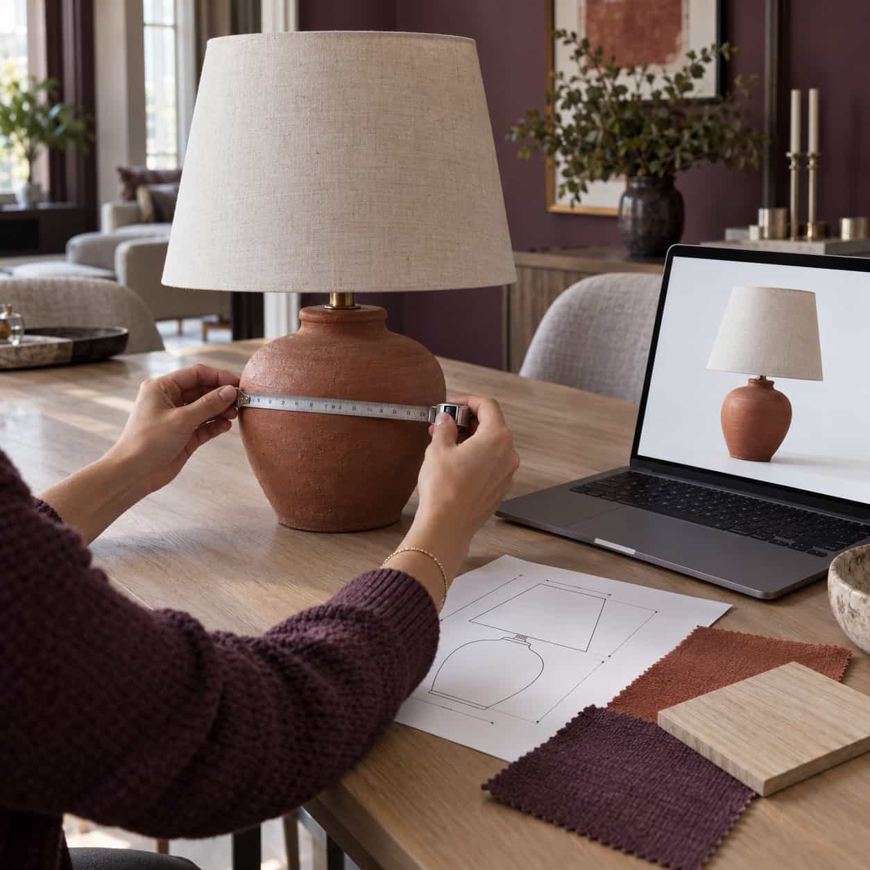 Sprawdzanie wymiarów ceramicznej lampy i porównywanie jej z dokumentacją produktu przed wyborem zamiennika do projektu wnętrza.