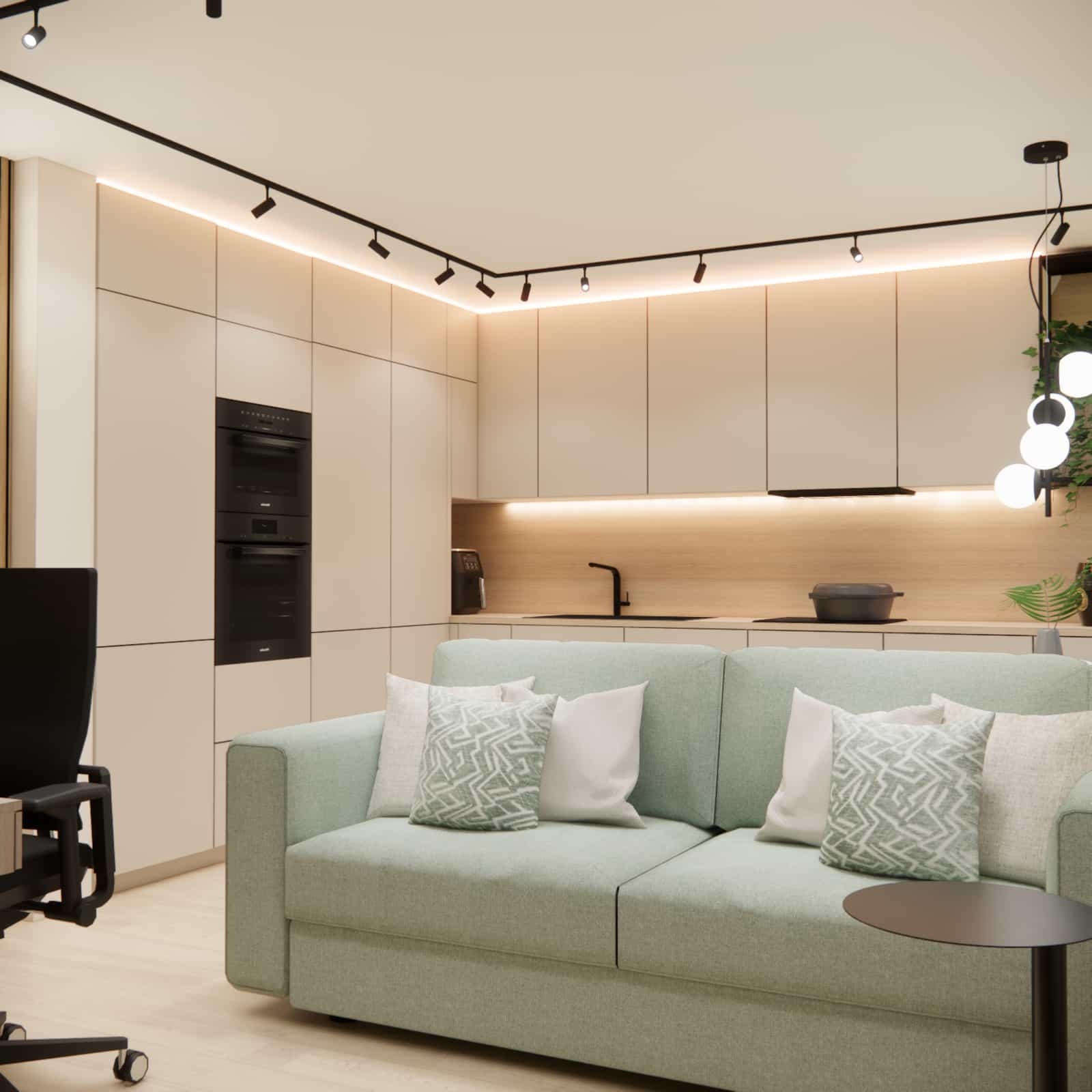 Interior design – bright beige kitchen with full-height cabinetry and LED lighting