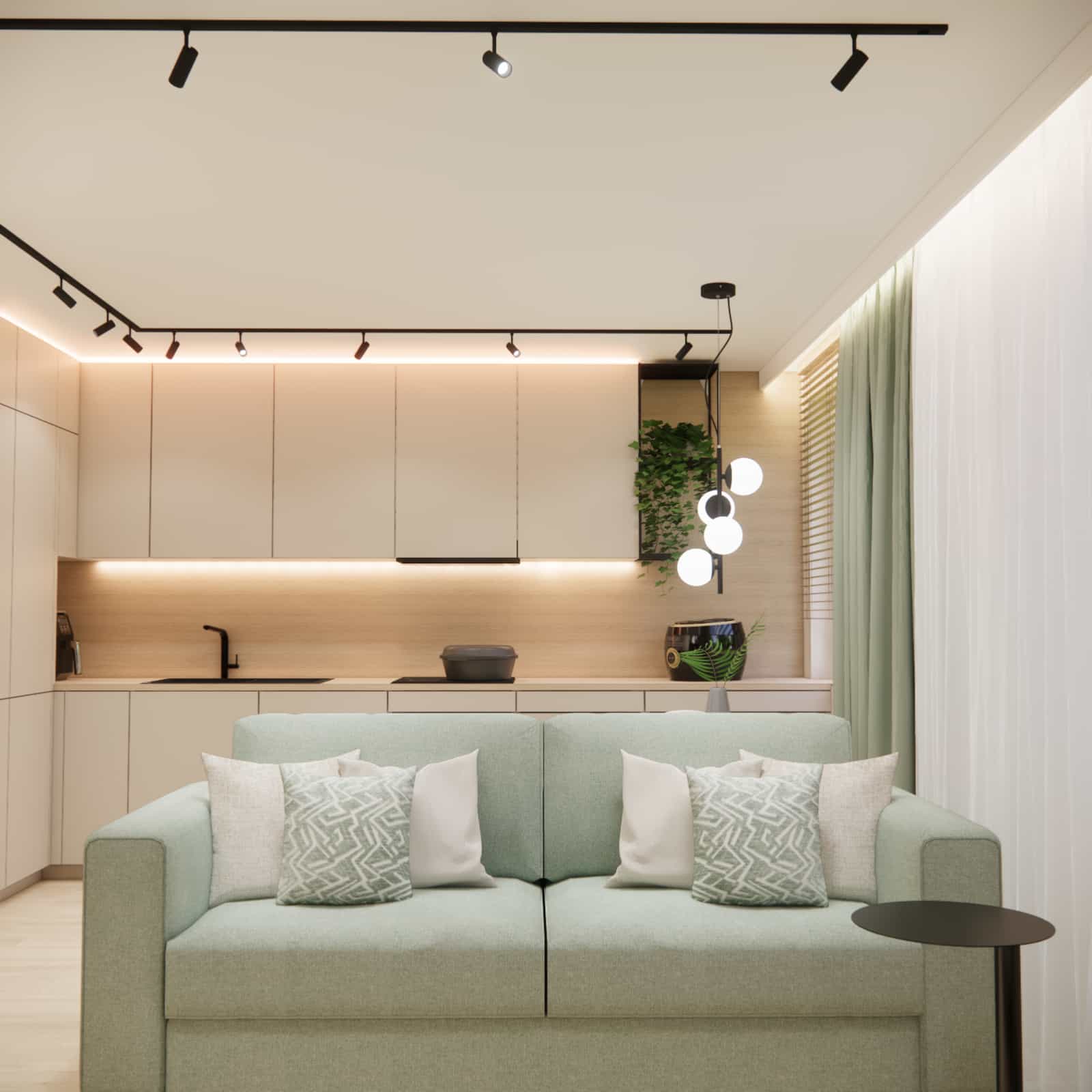 22m2 living room with kitchenette – modern interior design in beige and green with open kitchen