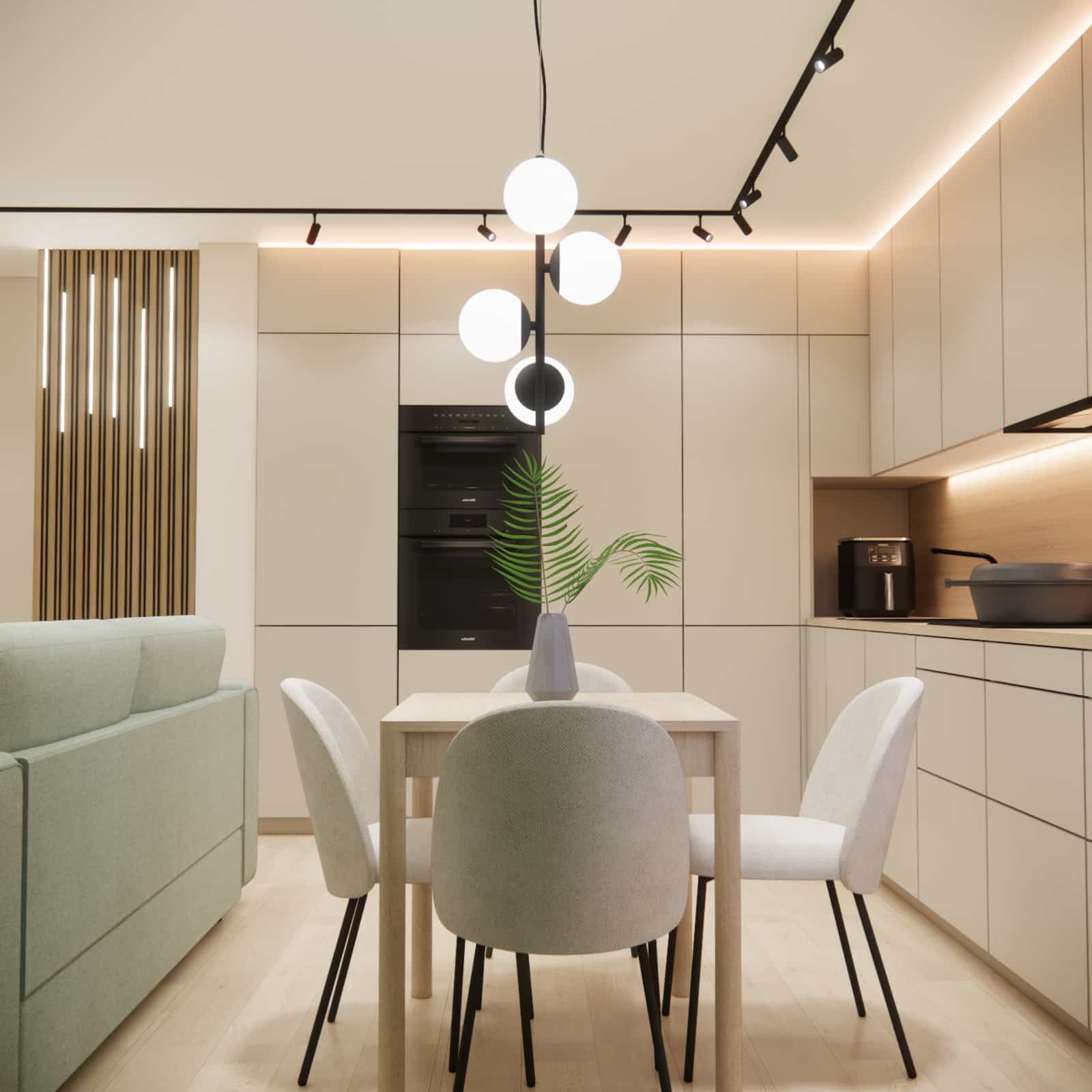 Modern living room with kitchen 22m2 – black track lighting and decorative lamps
