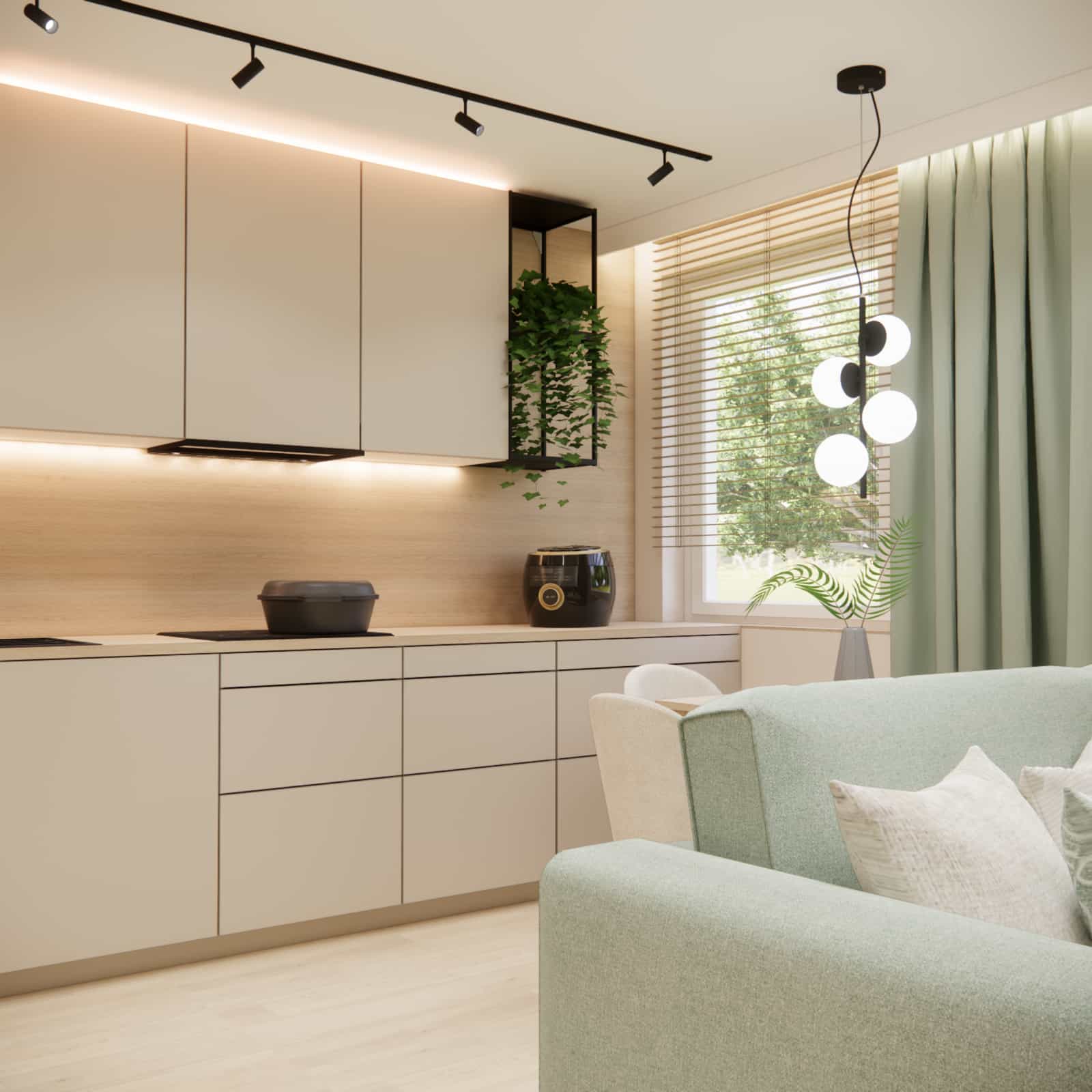 Living room with kitchen 22m2 – full-height cabinetry increasing storage space