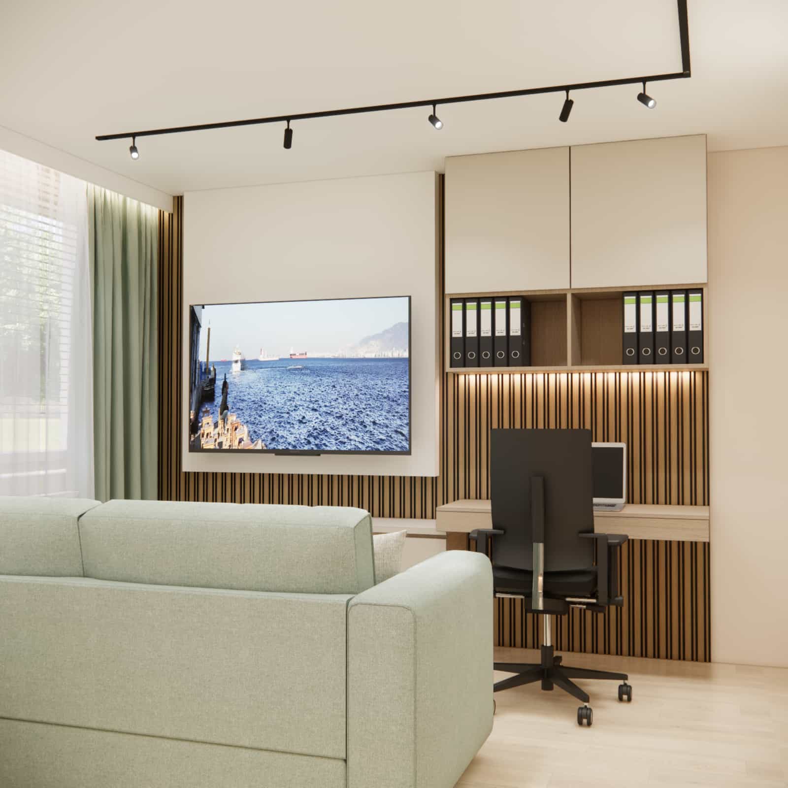 Living room with workspace 22m2 – home office with built-in cabinetry and slatted wall