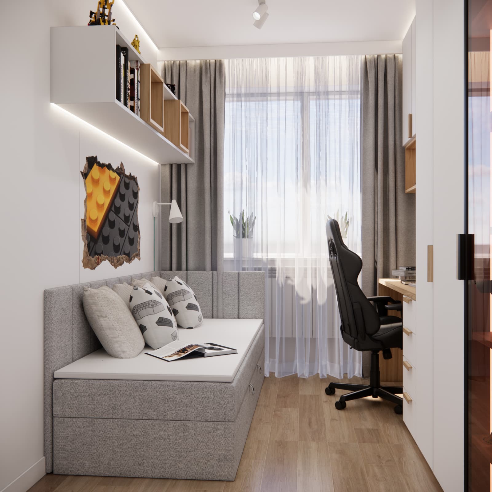 functional small boys room with bed and storage drawers