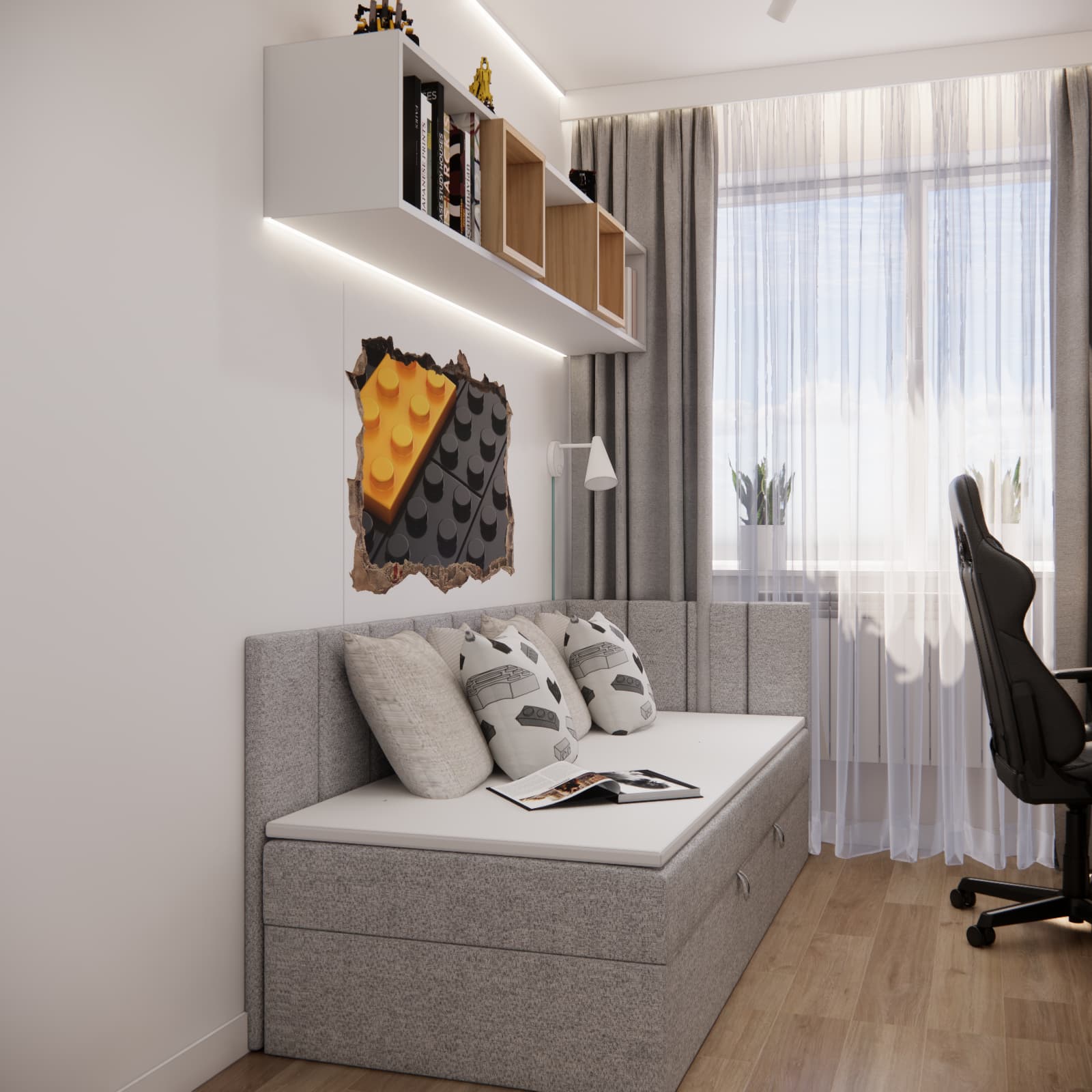 small boys room 8m2 with bright built-in furniture and modern desk