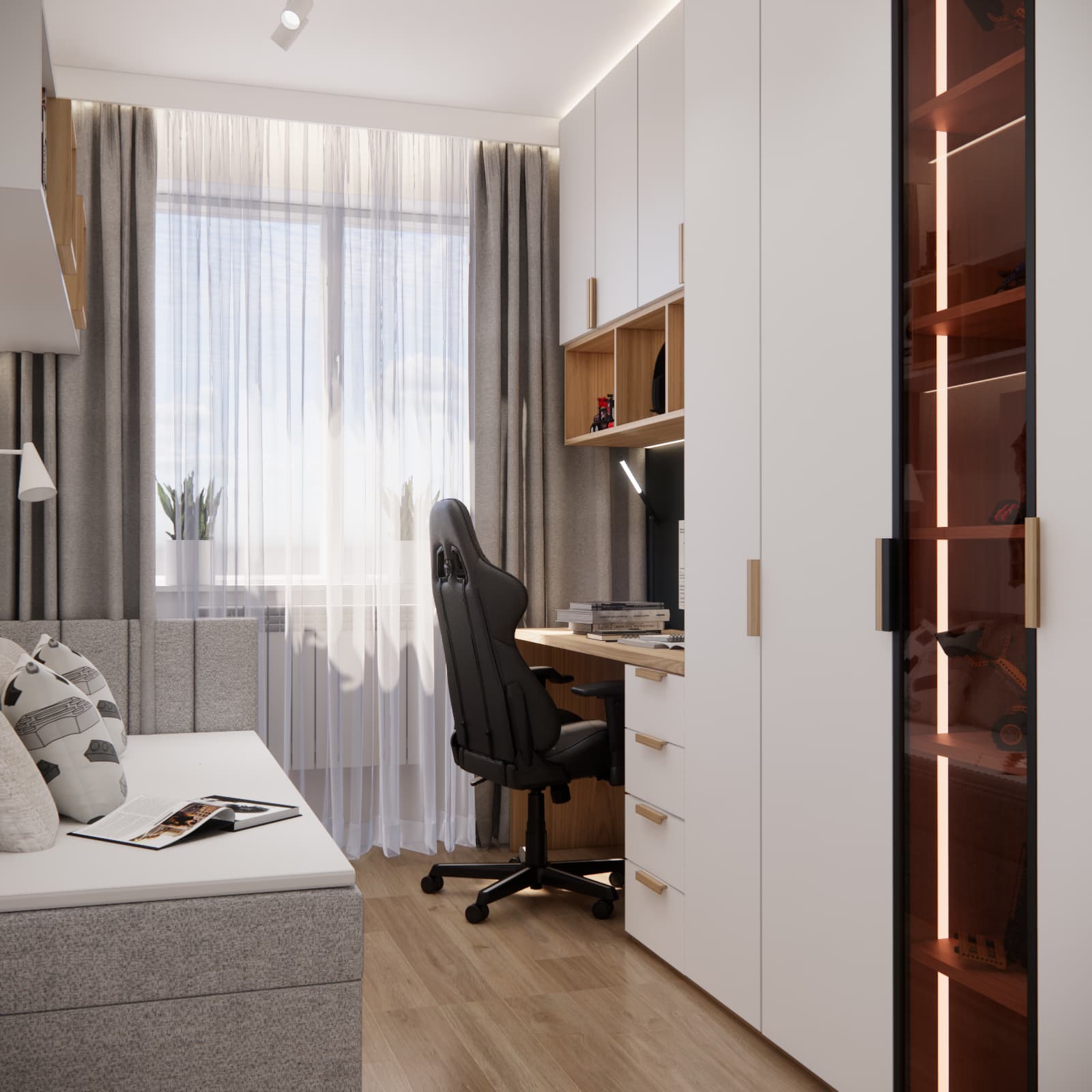 small boys room with desk by the window and large wardrobe