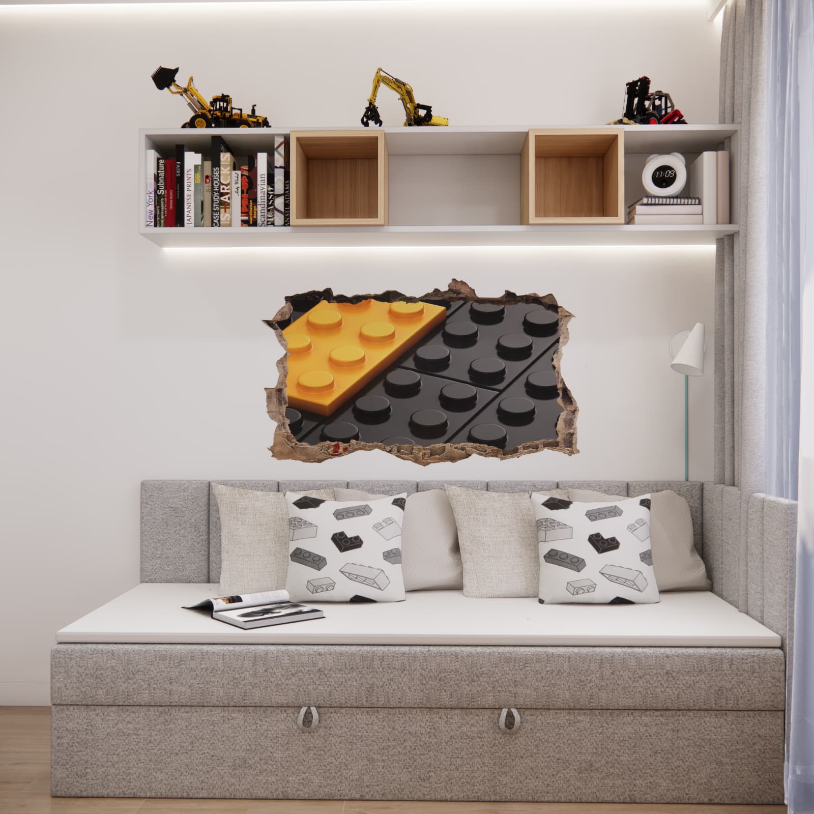 boys room for a 7 year old with LEGO theme and wooden accents