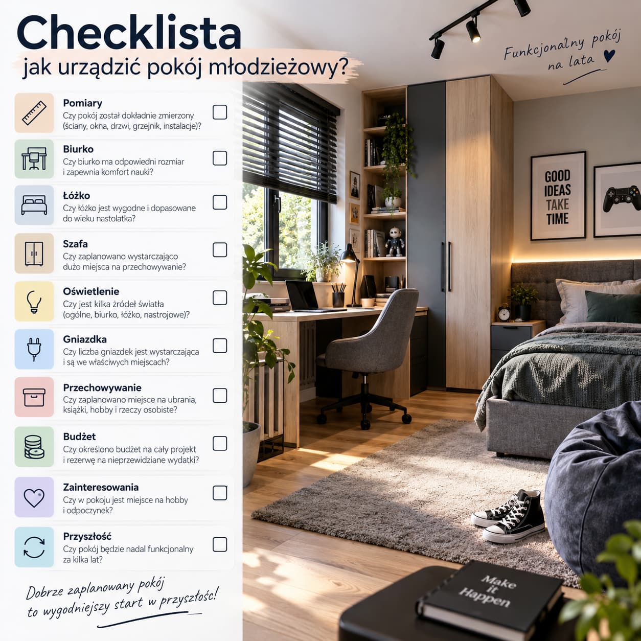 checklista jak urzadzic pokoj mlodziezowy pomiary biurko lozko szafa oswietlenie gniazdka przechowywanie i budzet