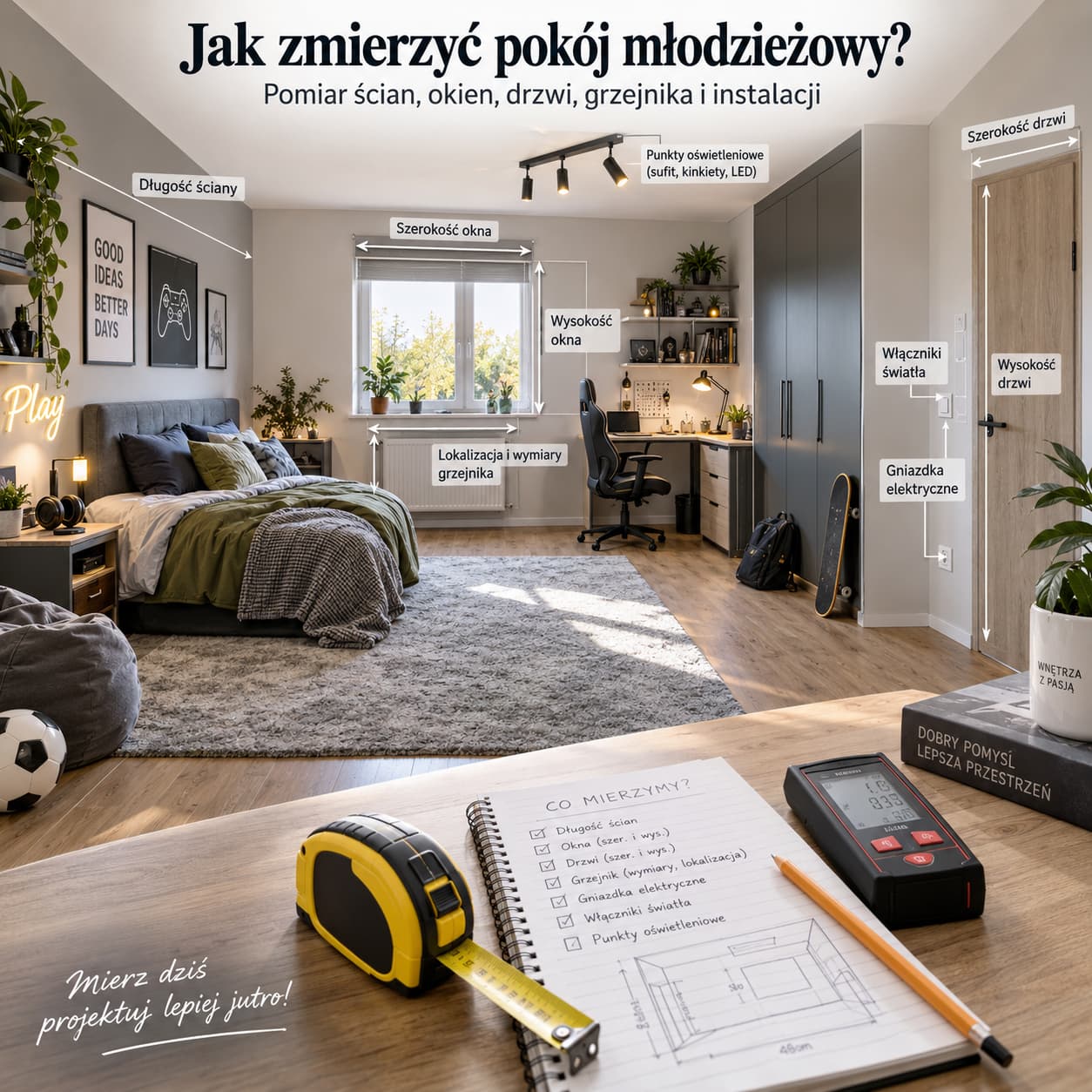 jak zmierzyc pokoj mlodziezowy pomiar scian okien drzwi grzejnika i instalacji przed projektem pokoju nastolatka