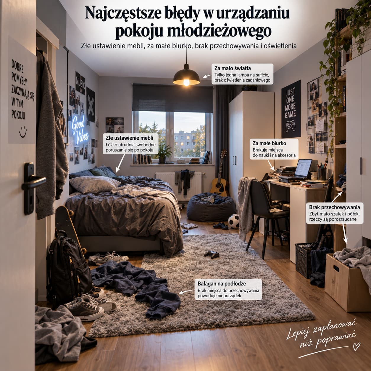 najczestsze bledy w urzadzaniu pokoju mlodziezowego zle ustawienie mebli za male biurko brak przechowywania i oswietlenia