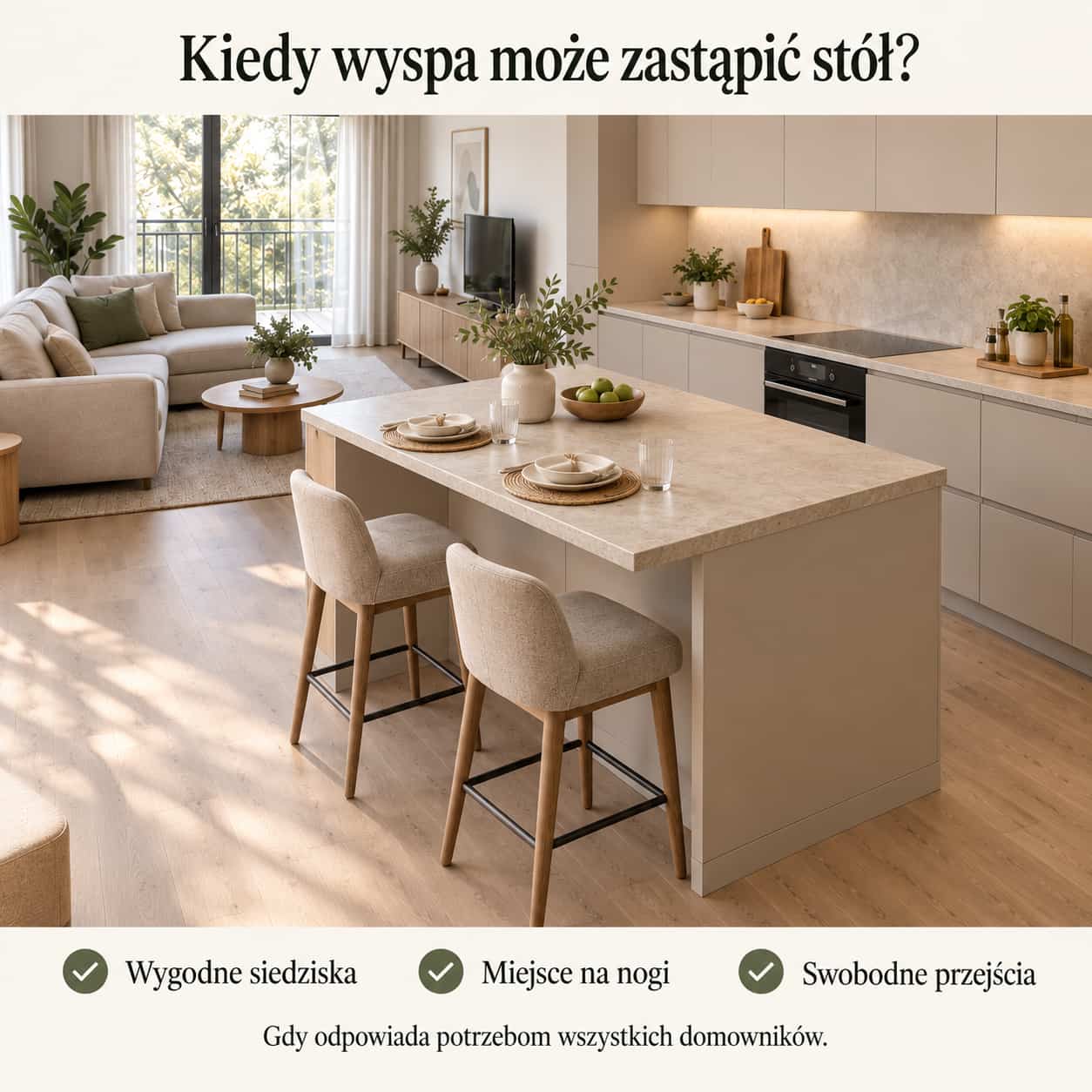 Wyspa kuchenna zamiast stołu – dwa tapicerowane hokery, miejsce na nogi i blat przygotowany do wspólnych posiłków.