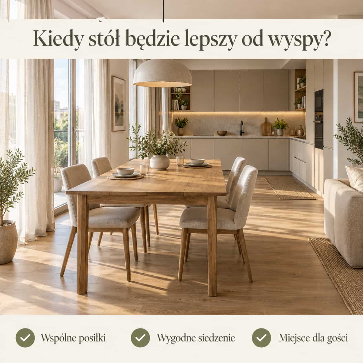 Drewniany stół z tapicerowanymi krzesłami w salonie z aneksem – miejsce na wspólne posiłki i spotkania z gośćmi.