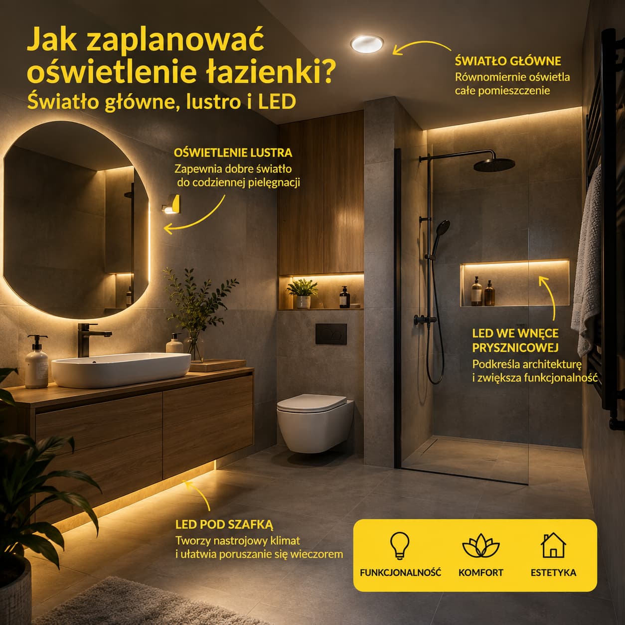 jak zaplanować oświetlenie łazienki światło główne lustro i LED