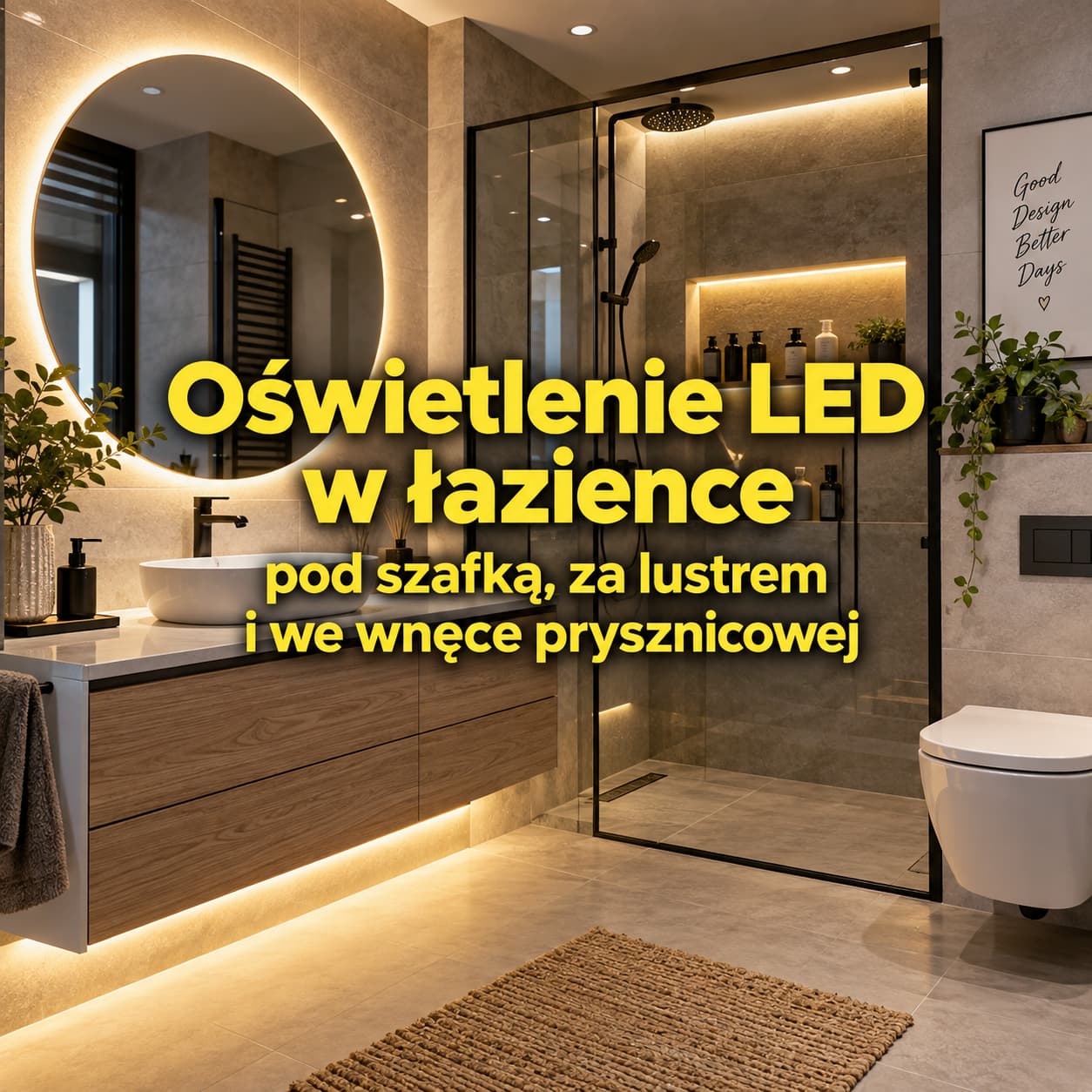 oświetlenie LED w łazience pod szafką za lustrem i we wnęce prysznicowej