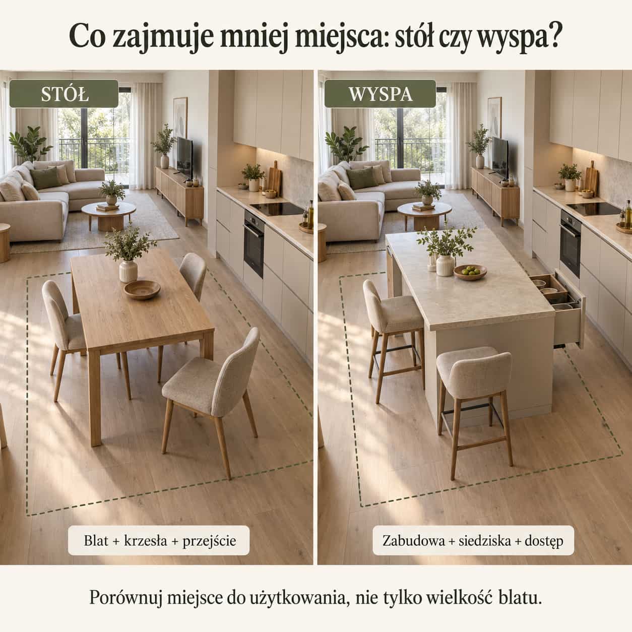Porównanie miejsca potrzebnego na stół z krzesłami i wyspę kuchenną z hokerami, z uwzględnieniem przejść i otwierania szuflad.
