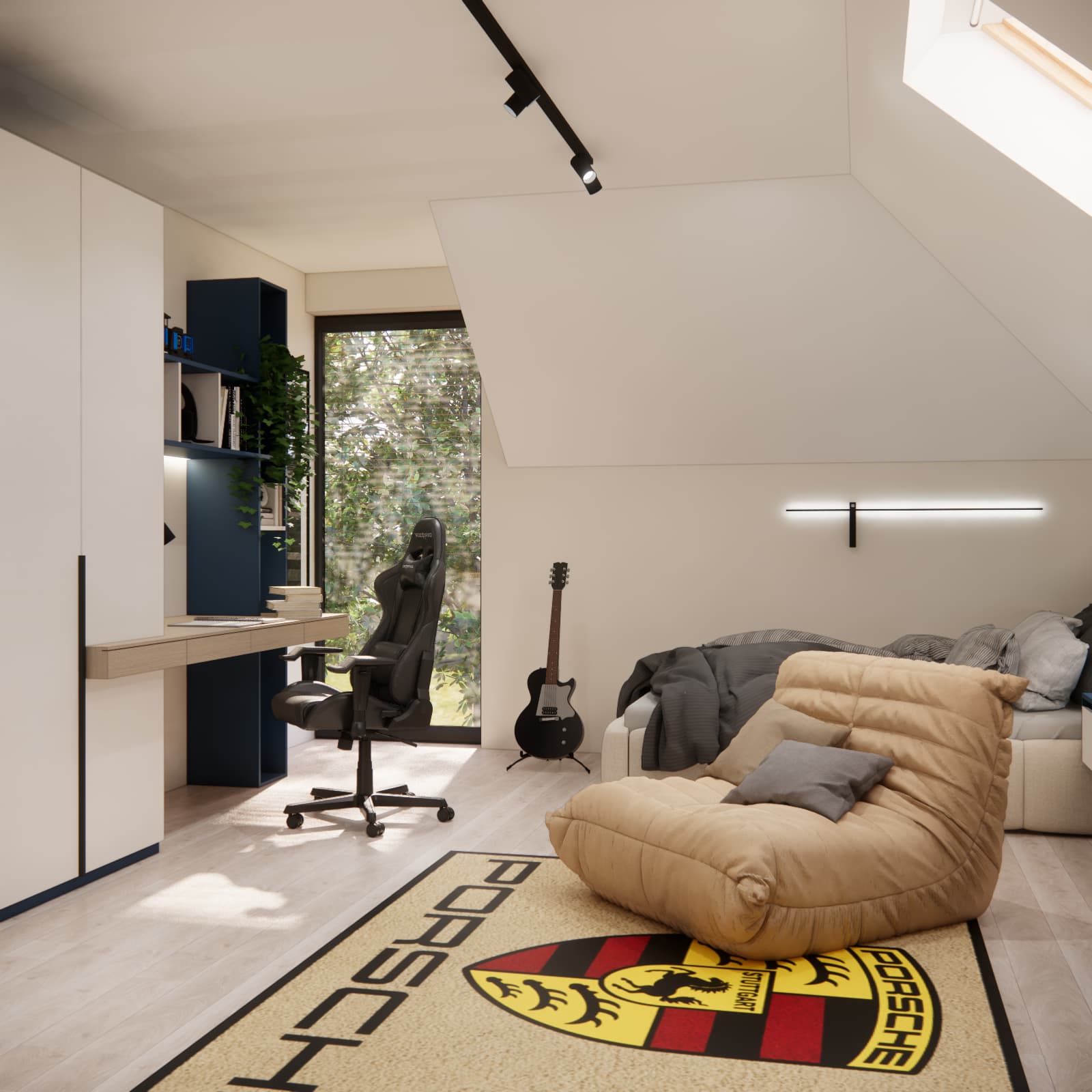 17-year-old Szymon's attic bedroom with a desk, bed and beige lounge chair